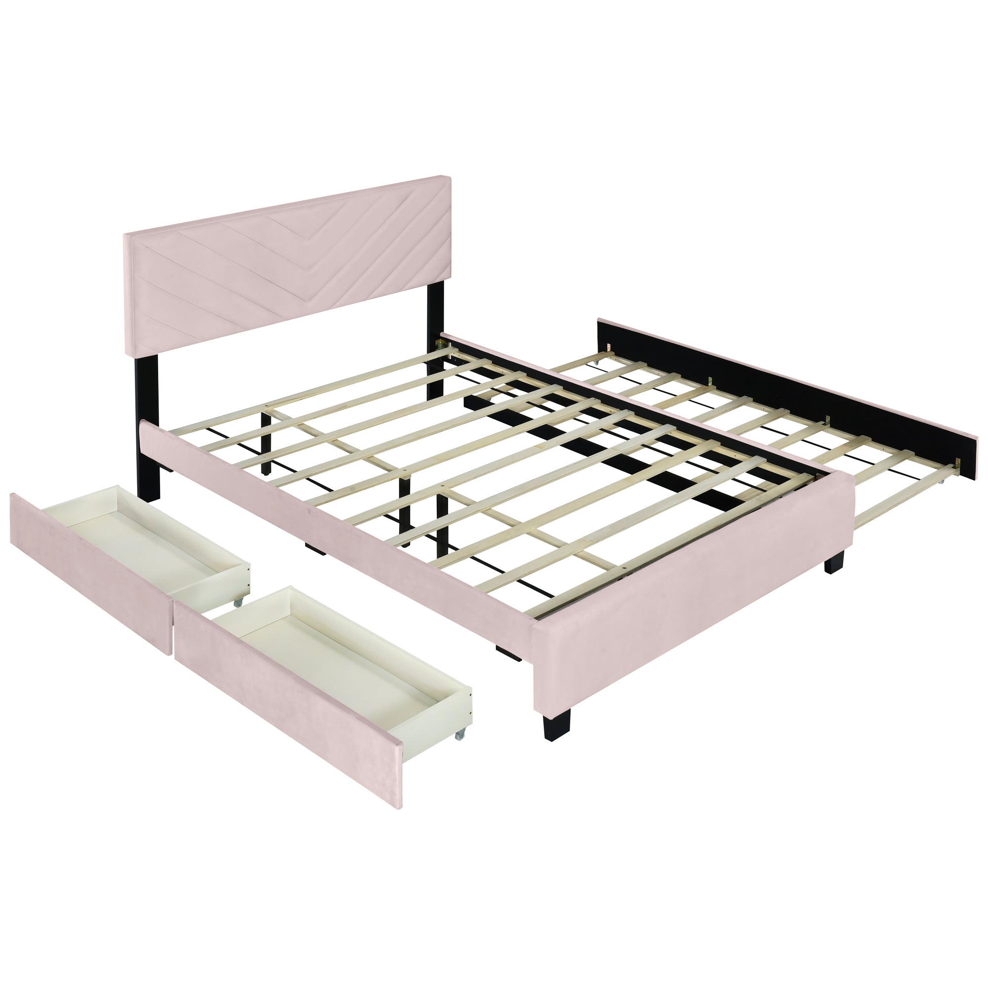 Queen Size Upholstered Platform Bed with Twill Headboard, Pullout Bed and Two Drawers, Flannel,Pink