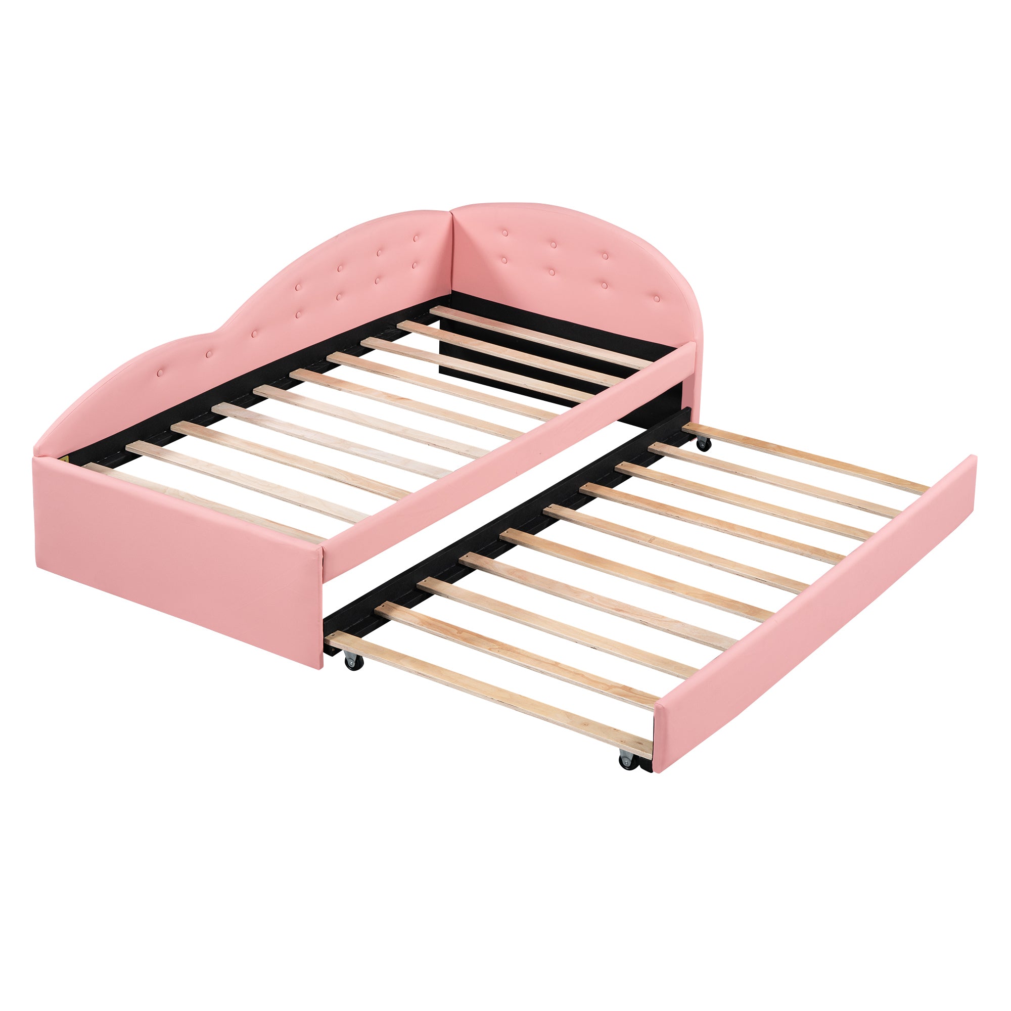 Twin Size PU Upholstered Tufted Daybed with Trundle and Cloud Shaped Guardrail, Pink