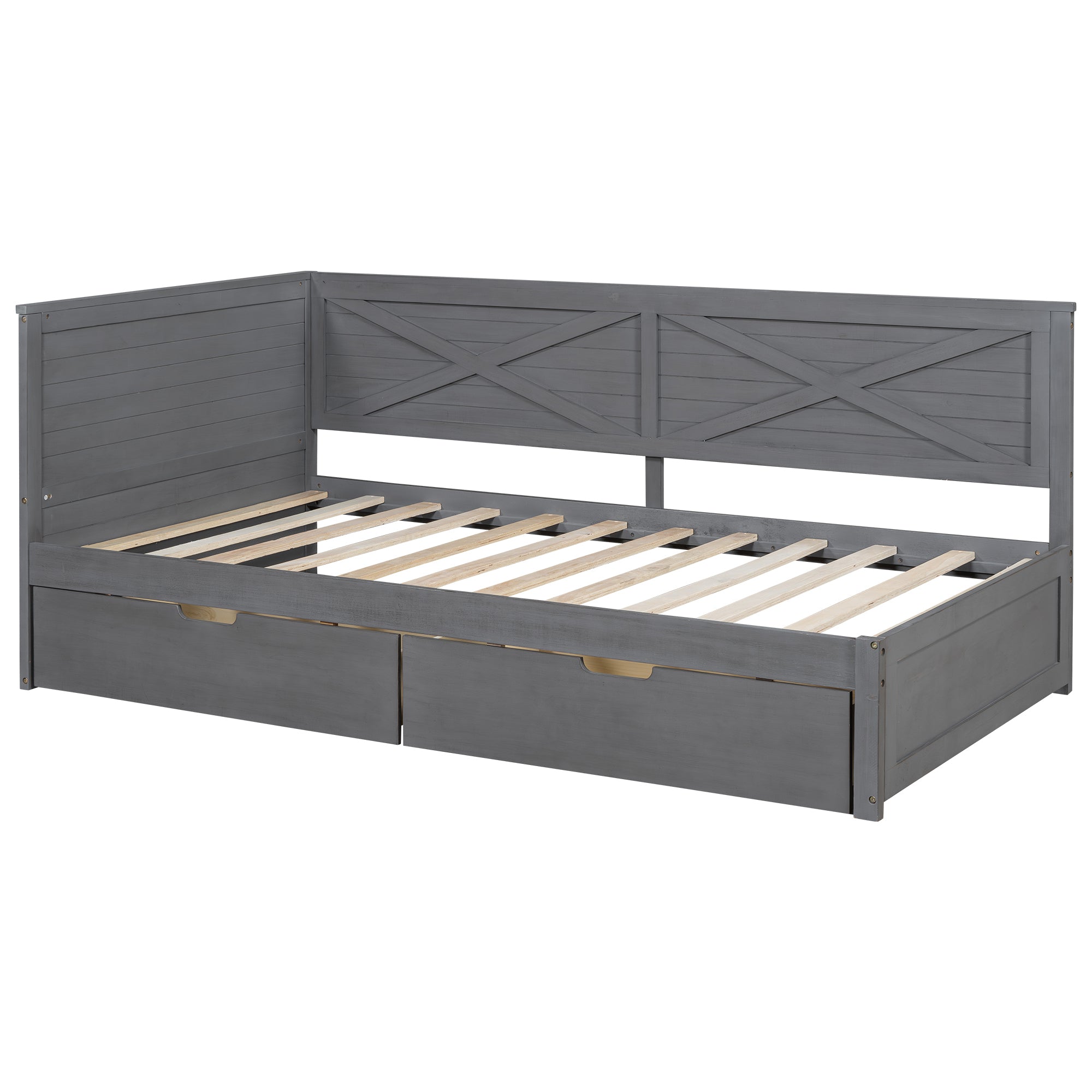 Twin Size Wood Daybed with 2 Drawers and Rustic Guardrail, Ancient Grey