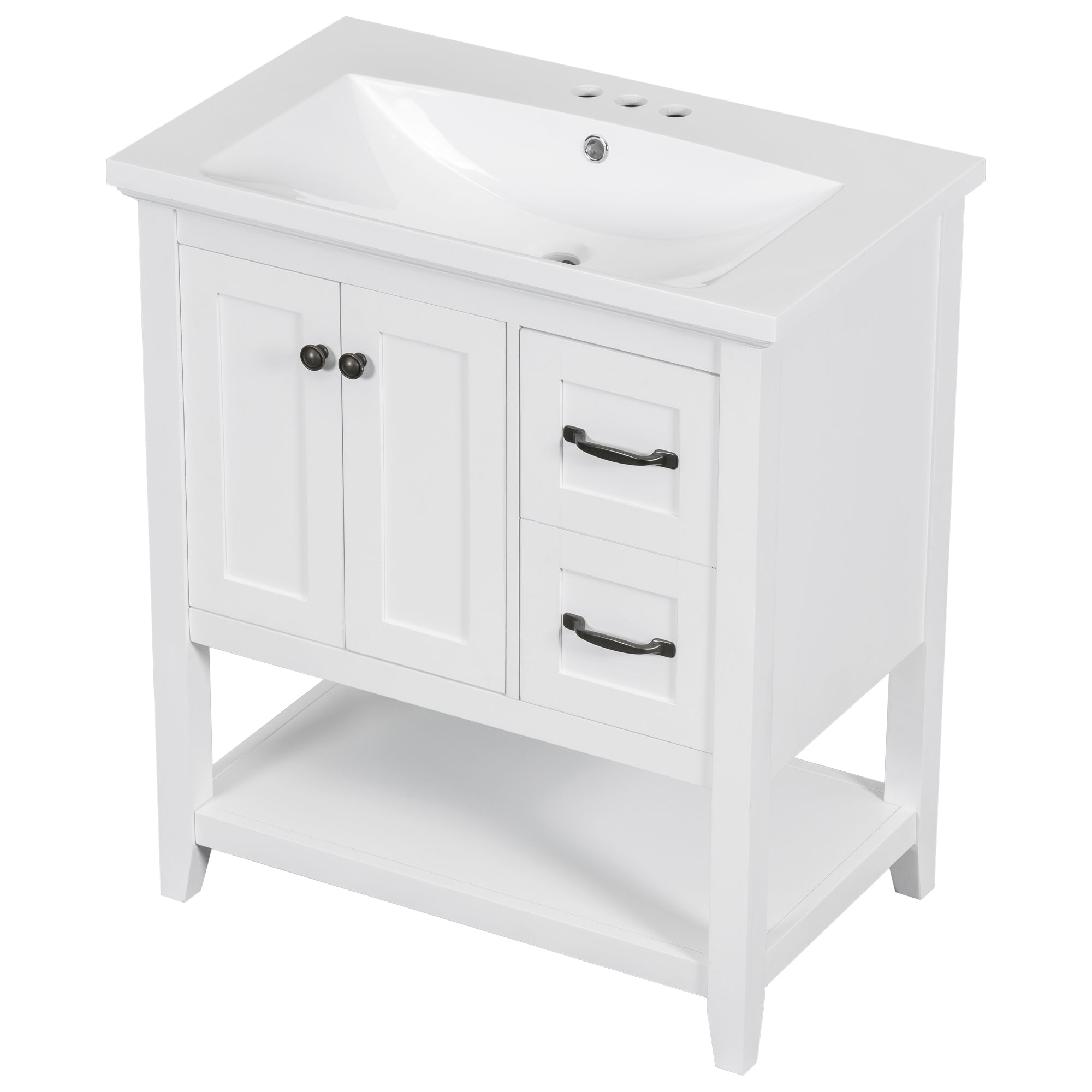 30" Bathroom Vanity with Ceramic Sink Top, Vanity Cabinet with Multi-Functional Drawer, Solid Wood Legs, White