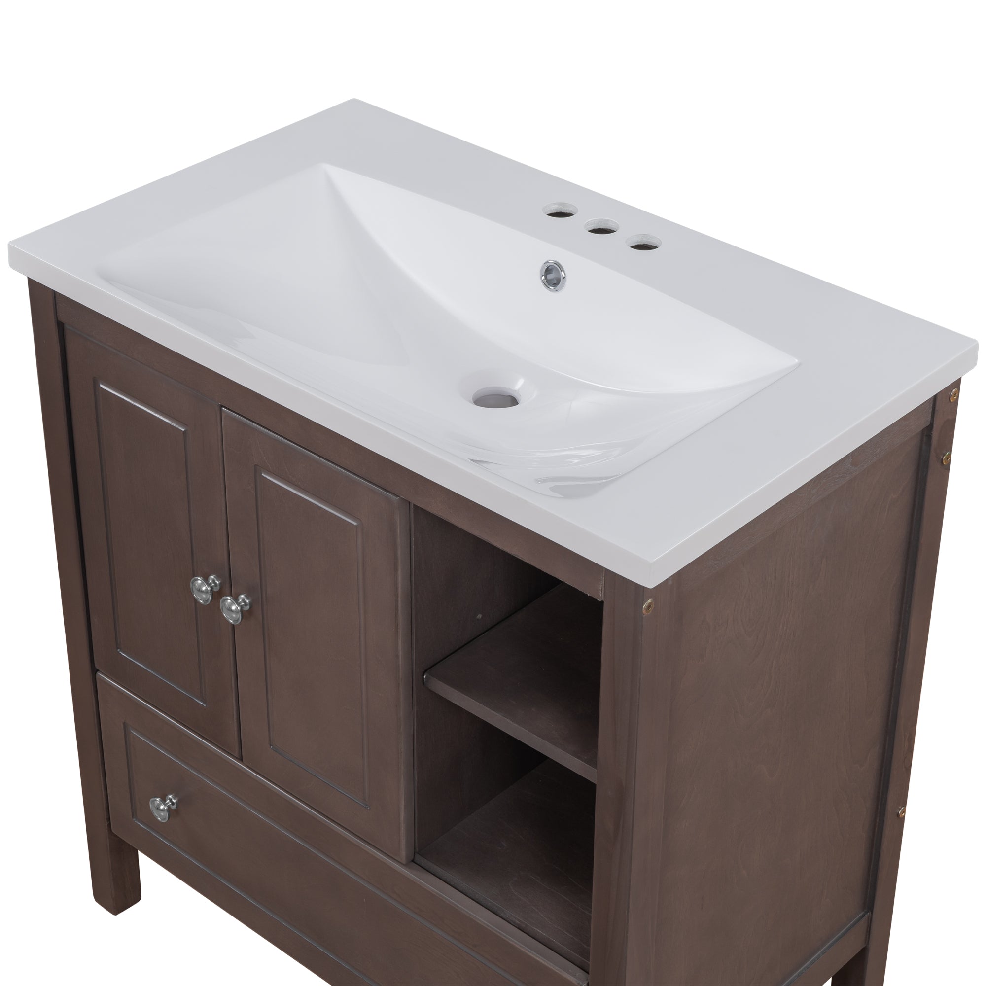 [VIDEO] 30" Bathroom Vanity with Sink, Bathroom Storage Cabinet with Doors and Drawers, Solid Wood Frame, Ceramic Sink, Brown (OLD SKU: JL000002AAD)