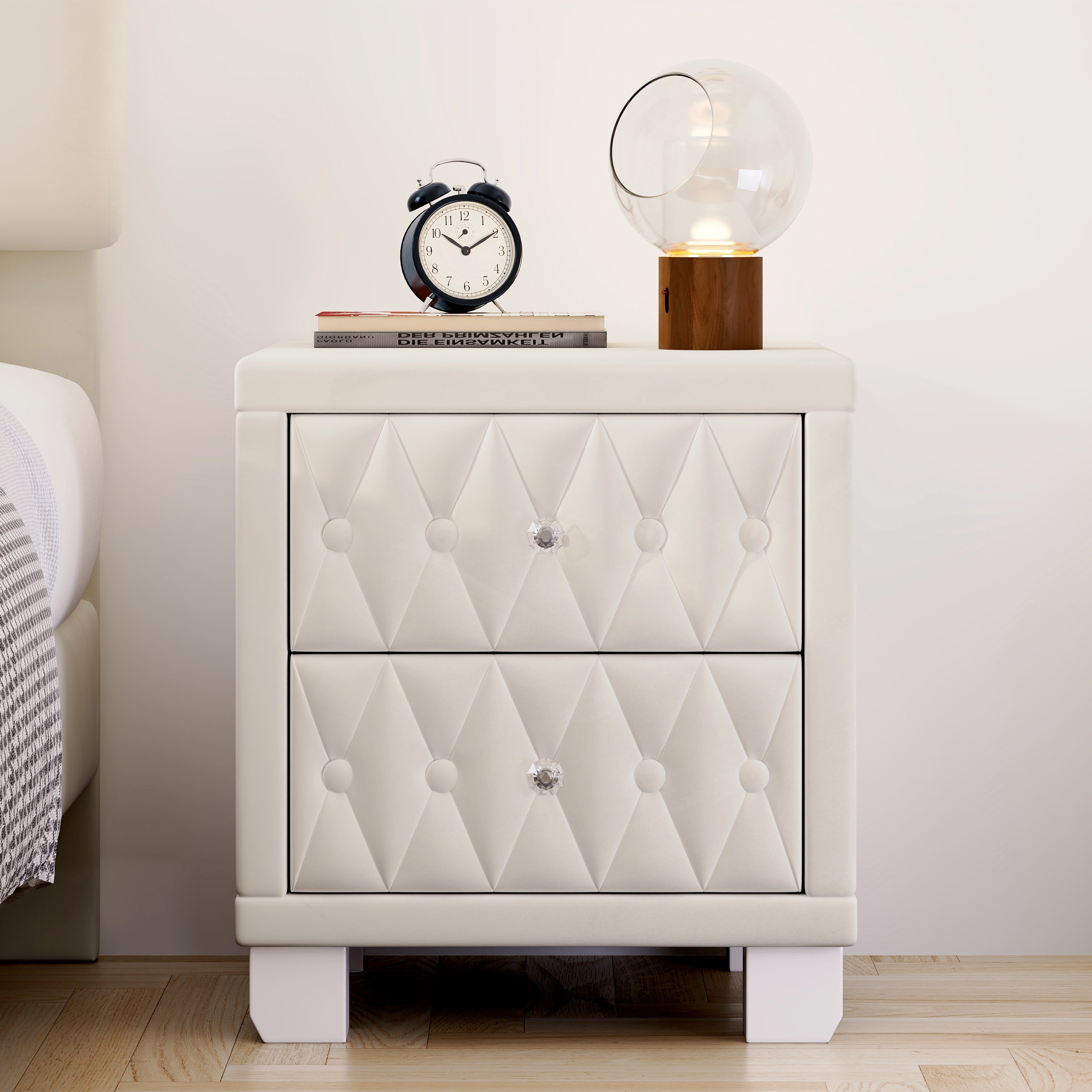 Beige velvet button-tufted nightstand, side profile view