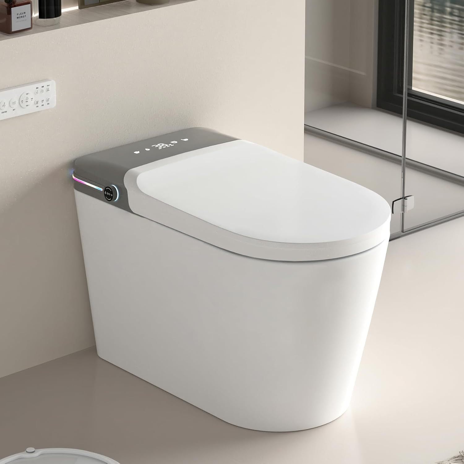 Smart Toilet, Smart Bidet Toilet with Remote Control, Raised Tankless Toilet with LED Display, Heated Seat Toilet Bidet with Aromatherapy System, Warm Water And Dry, Off Seat Flush, Foot Sensor, White