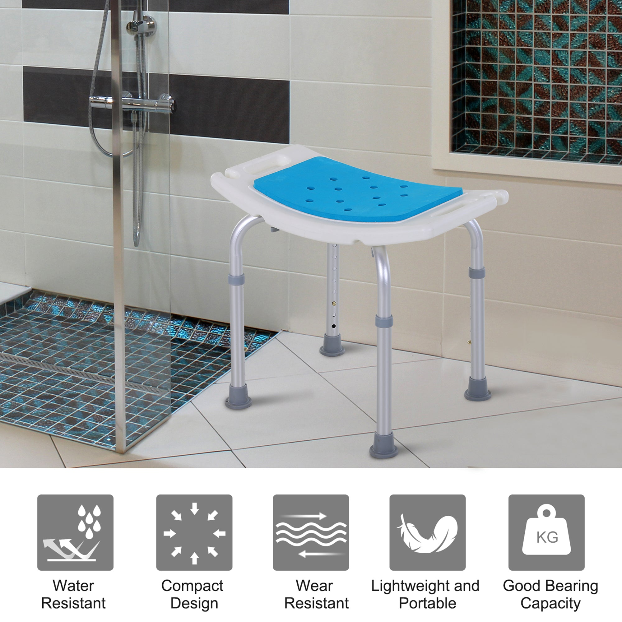 Homcom 6-Level Adjustable Curved Bath Stool Spa Shower Chair Non-Slip Design for the Elderly, Injured, & Pregnant Women