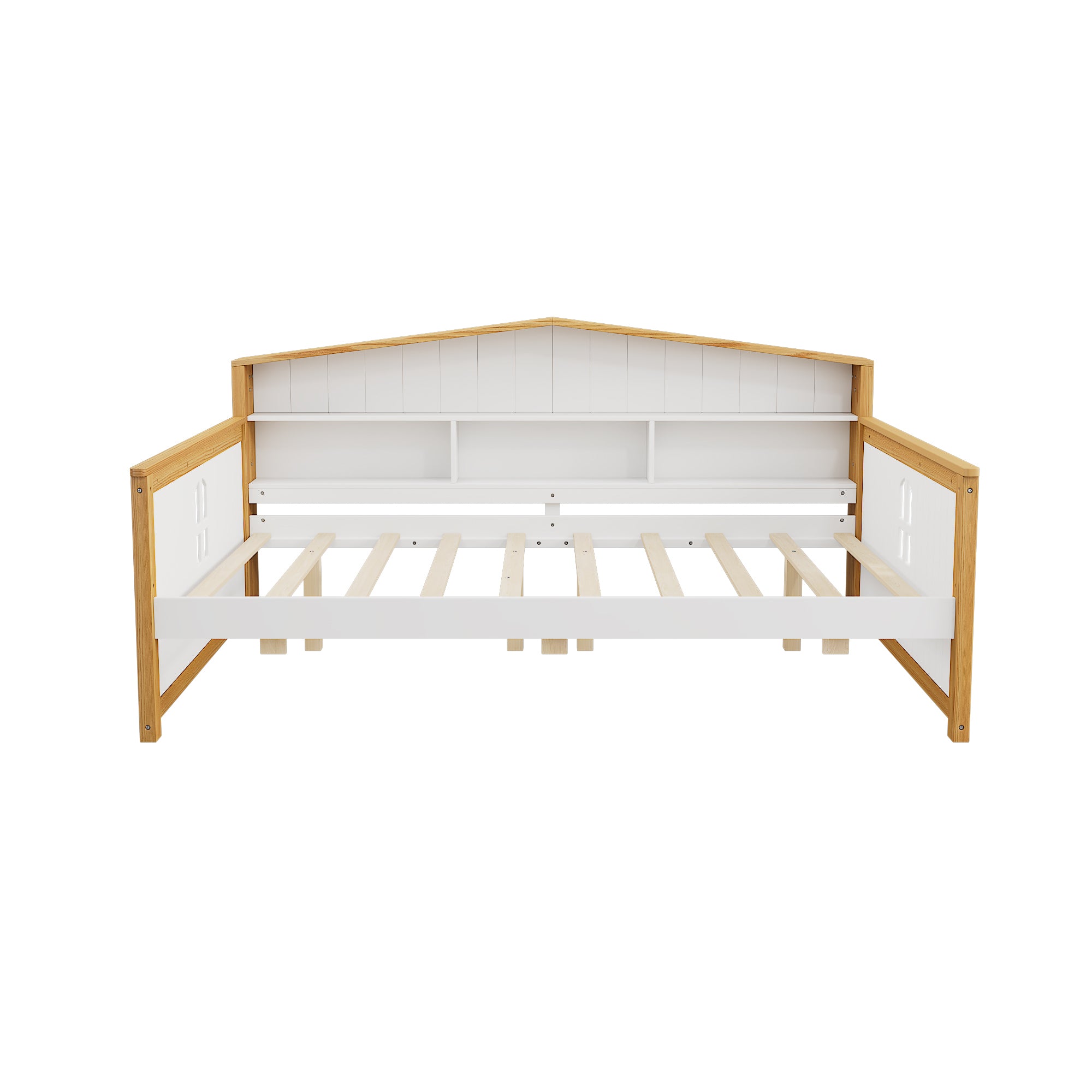 Full Size House Shape Daybed with Trundle and Bookcase Headboard  Wooden  Bed for Girls Boys Teens, No Box Spring Needed, Walnut and White