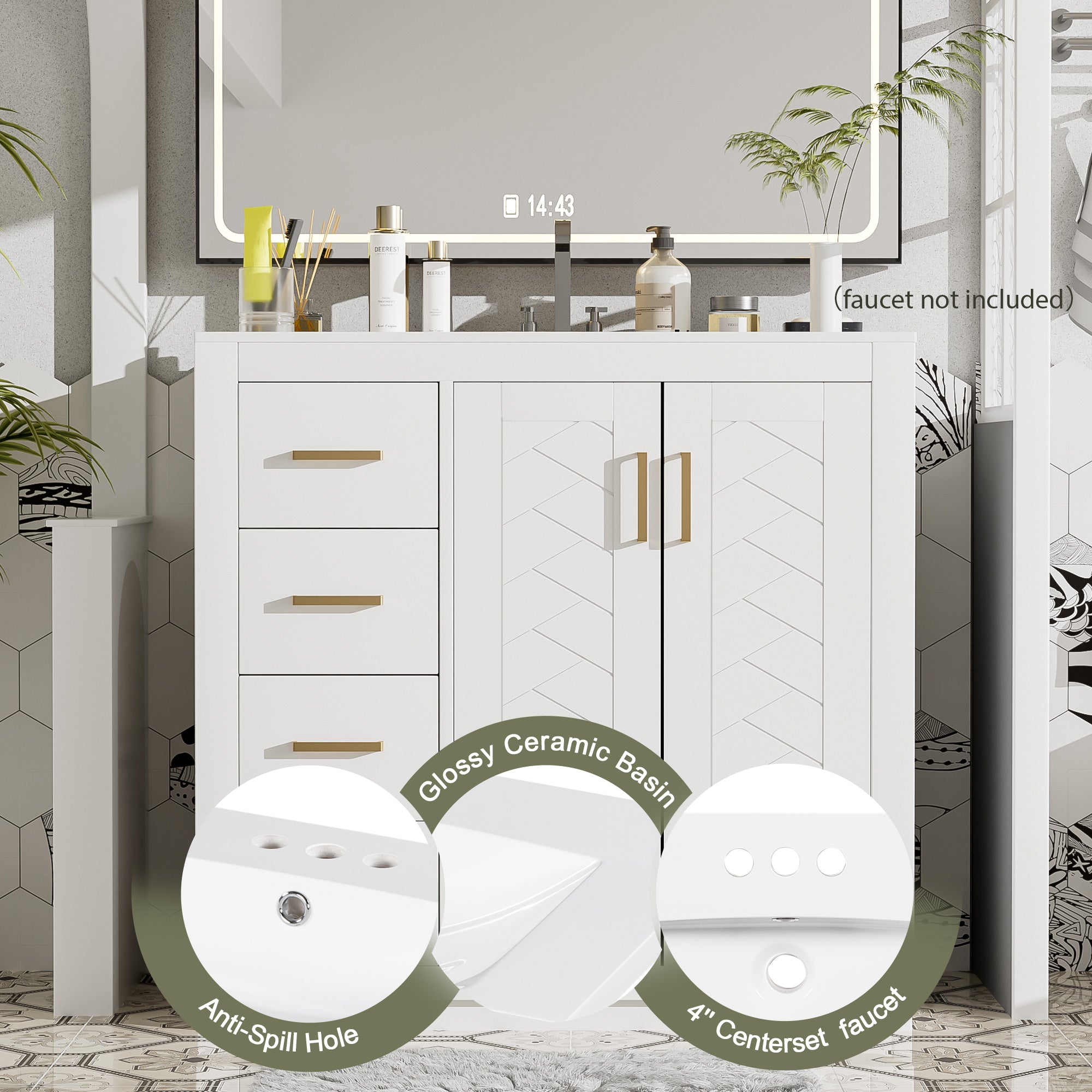Bathroom vanity storage drawers open, solid wood finish detail