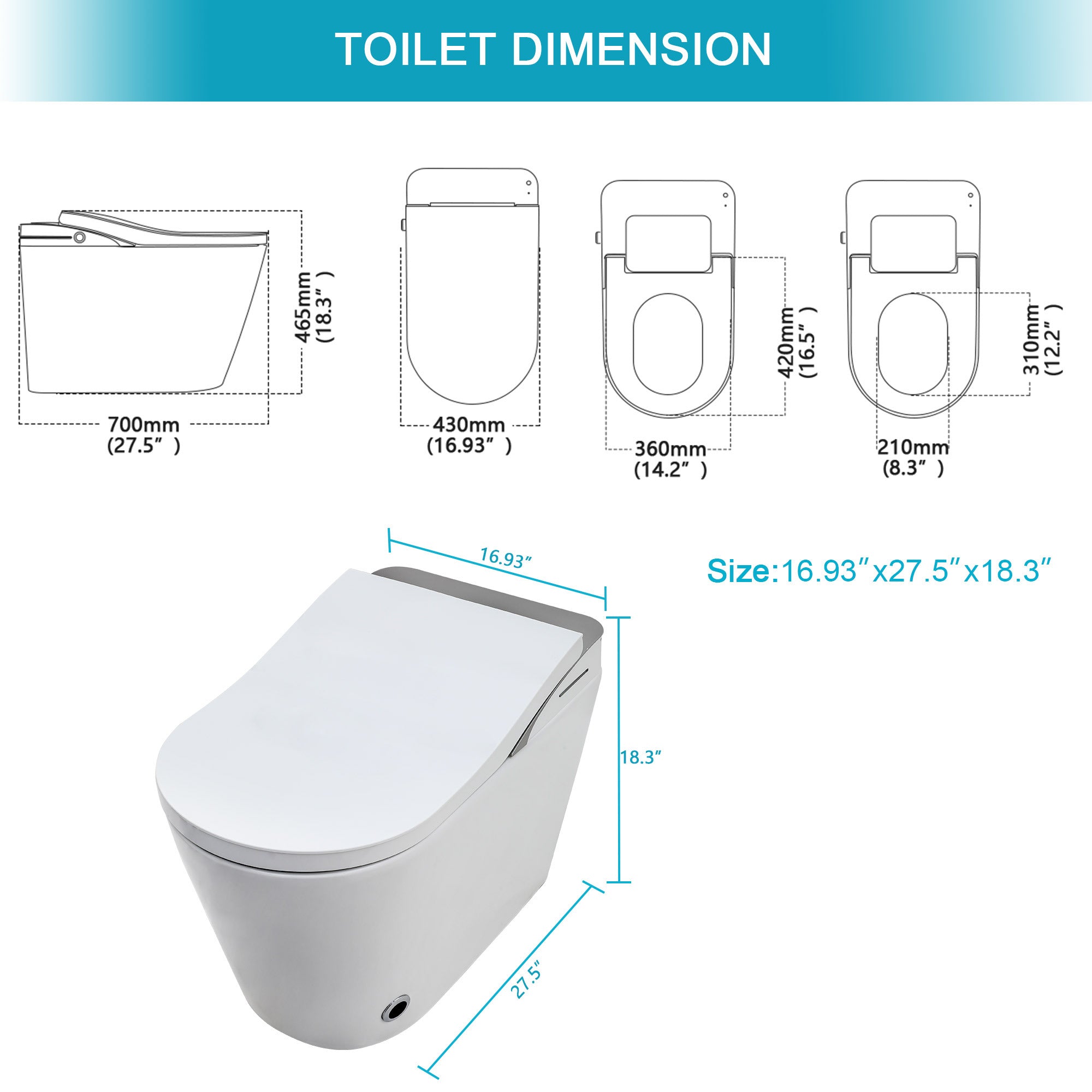 Smart Toilet with Bidet Built in, Auto Open & Close, Elongated Heated seat, Foot Sensor Flush, LED Display, Warm Water Wash, Dryer, Night Light