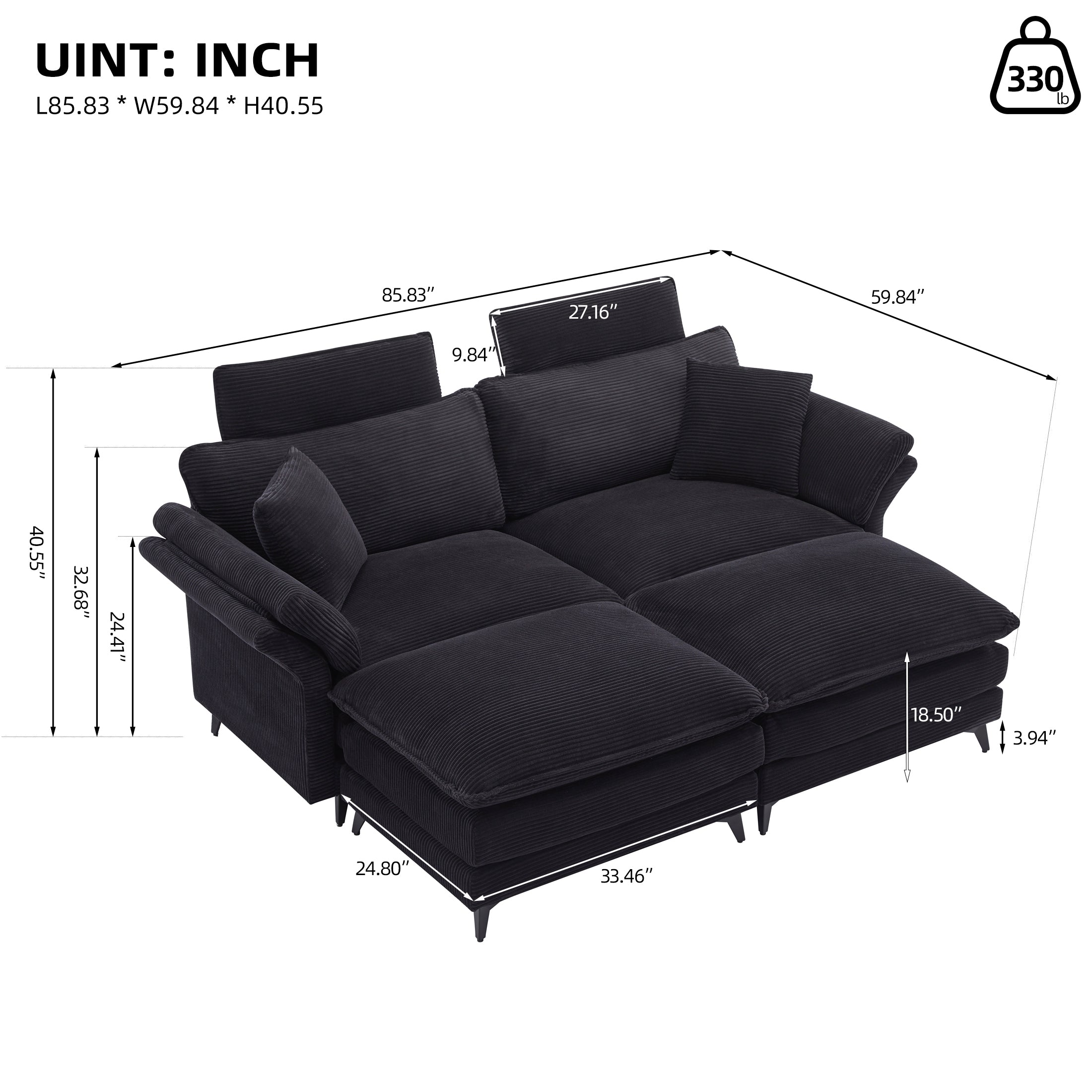 [New] Deep Seat Sectional Sofa, Comfortable Cloud Sofa with Ottomans, loveseat or 4-seater Sofa, 85.8''Modern Corduroy Upholstered Sectional Sofa for Living Room, Apartment, Studio, Office (Black).