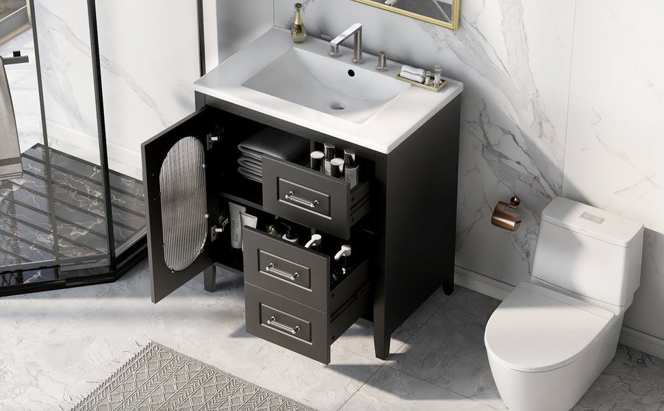 30" Bathroom Vanity with Sink, Bathroom Vanity Cabinet with Two Drawers and Door, Adjustable Shelf, Solid Wood and MDF, Black