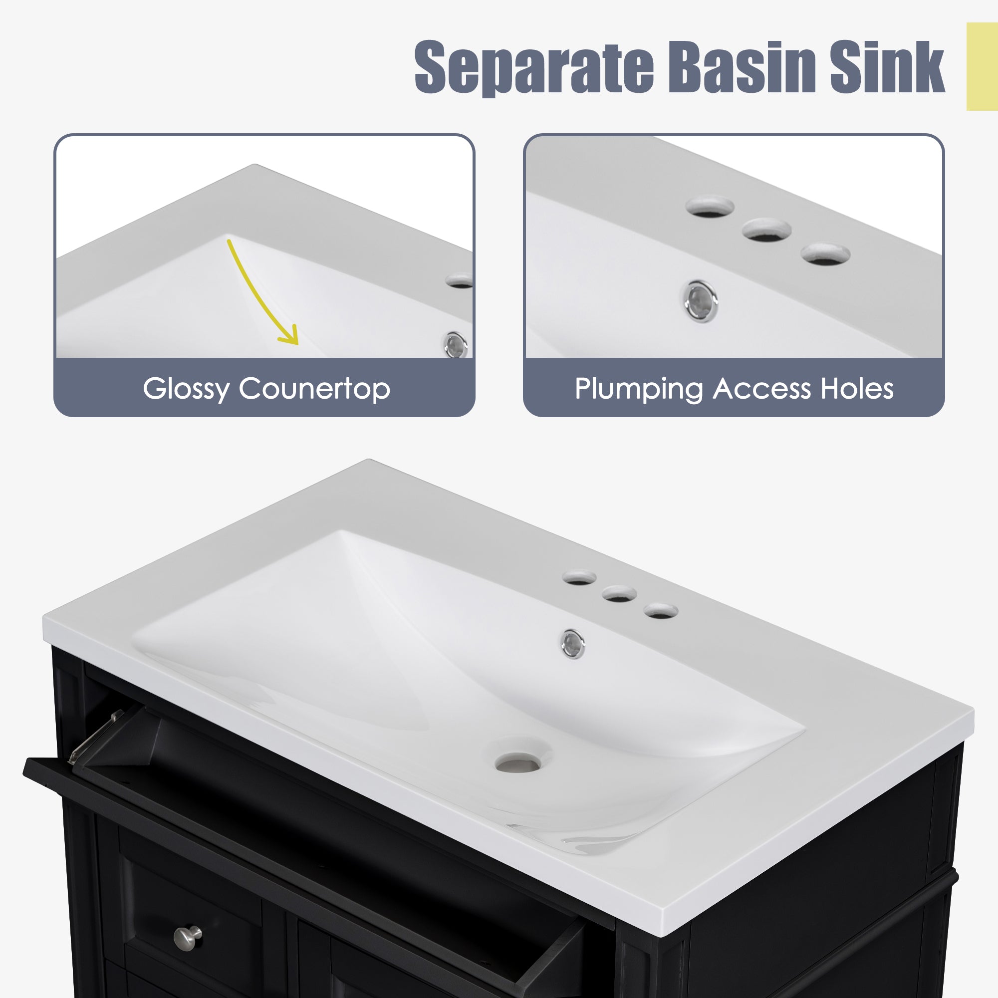 30'' Bathroom Vanity with Top Sink, Modern Bathroom Storage Cabinet with 2 Drawers and a Tip-out Drawer, Single Sink Bathroom Vanity