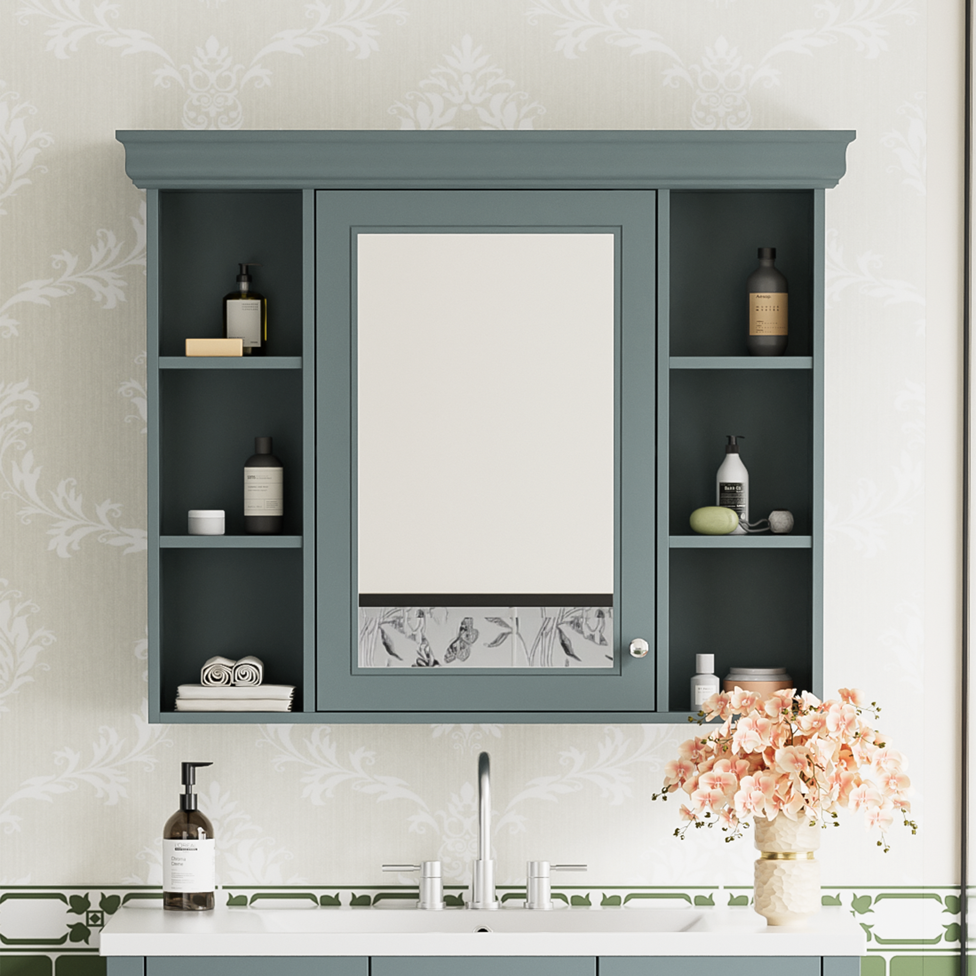 35'' x 28'' Blue Wall Mounted Bathroom Storage Cabinet with Mirror Door, Modern Bathroom Wall Cabinet with Mirror, Medicine Cabinet with 6 Open Shelves