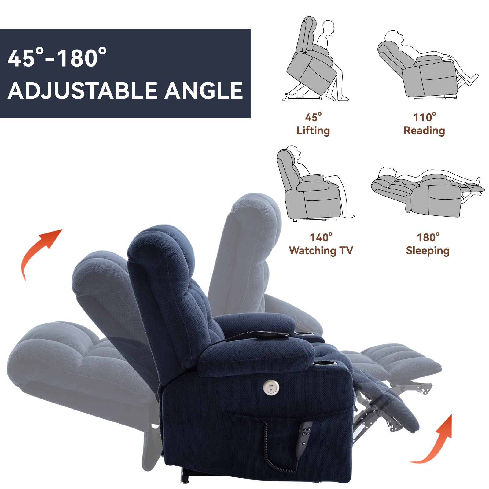 Blue Dual Motor Infinite Position Up to 350 LBS Chenille Power Lift Recliner Chair, Heavy Duty Motion Mechanism with 8-Point Vibration Massage and Lumbar Heating, Dual Cup Holders