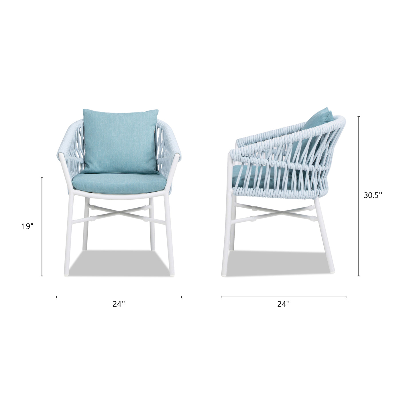 Maiden 24" Barrel Back Aluminum & Rope Outdoor Patio Dining Chair, Set of 2, Sky Blue Sunproof Olefin