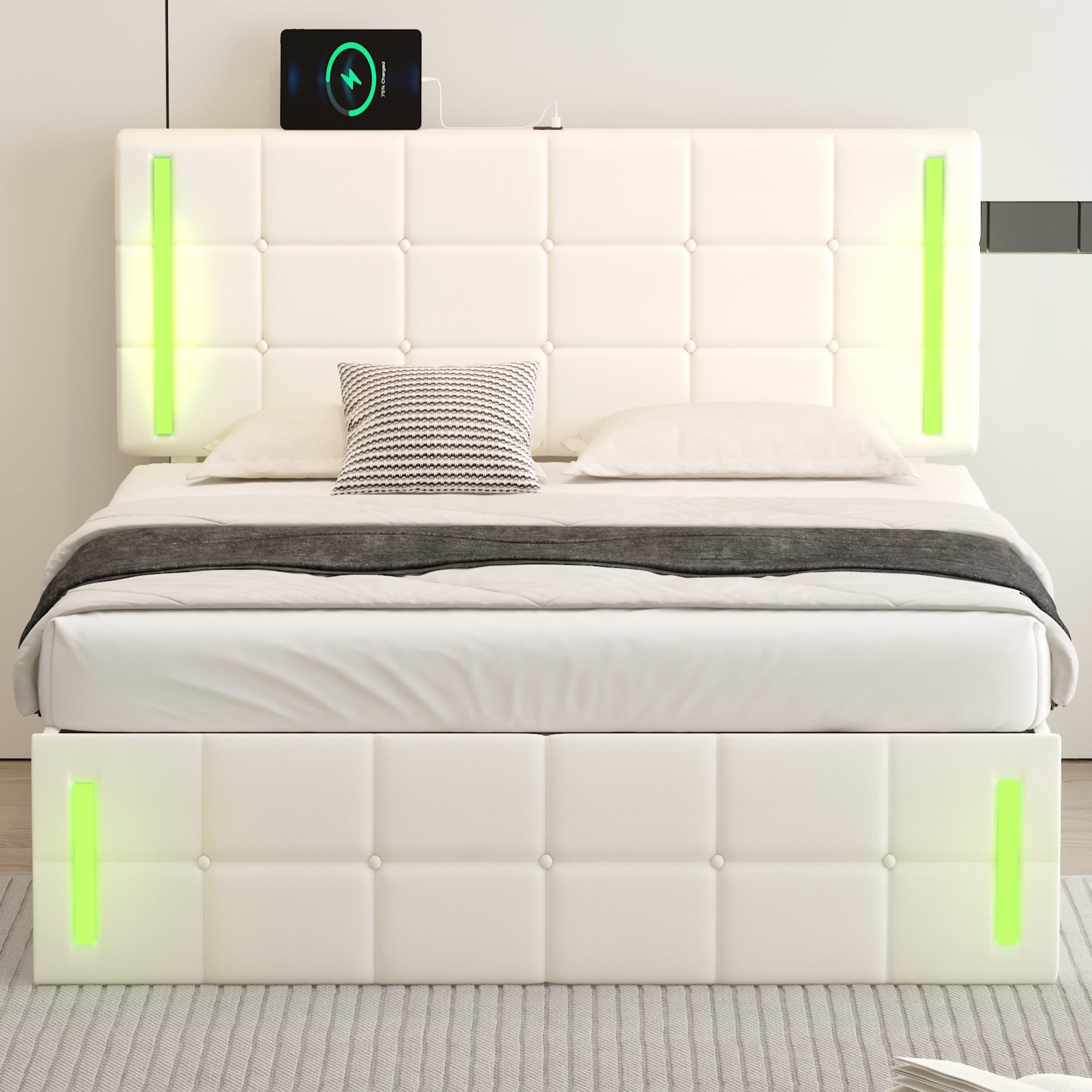 Full Size Upholstered Bed with LED Lights,Hydraulic Storage System and USB Charging Station,White