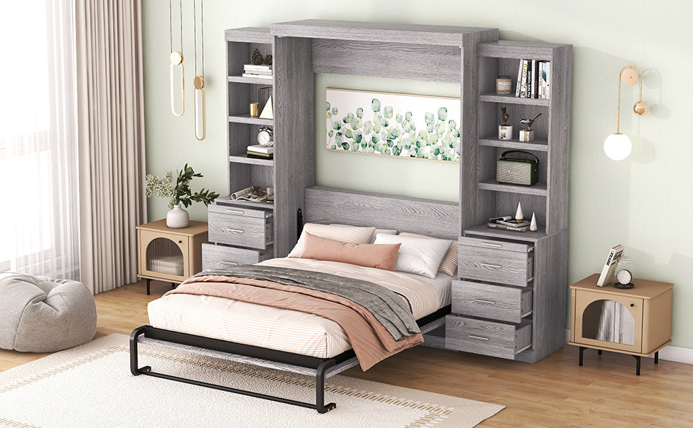 Full Size Murphy Bed with Storage Shelves and Drawers, Gray