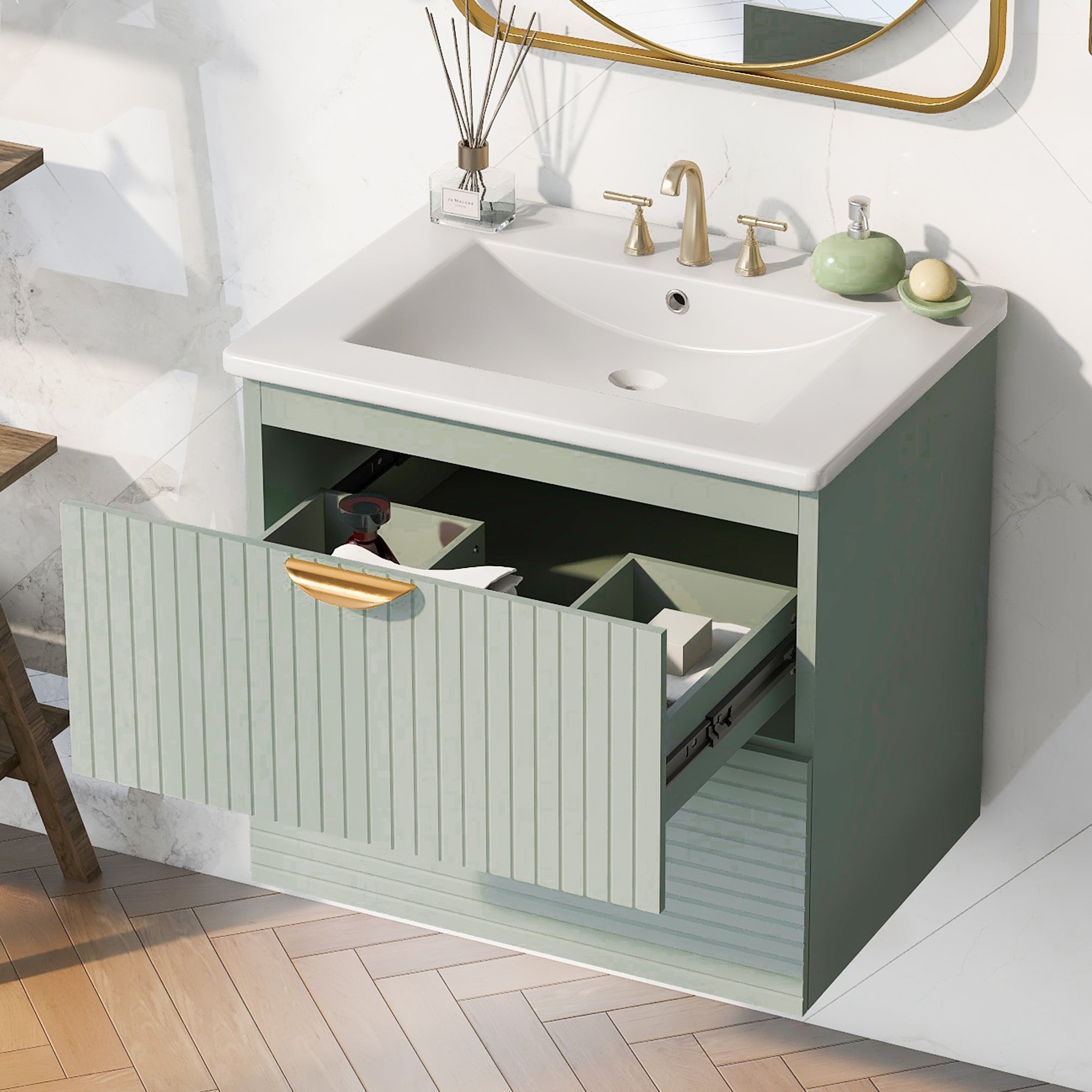 Modern 24-Inch Wall-Mounted Bathroom vanity with 2 Drawers, Green - Ideal for Small Bathrooms