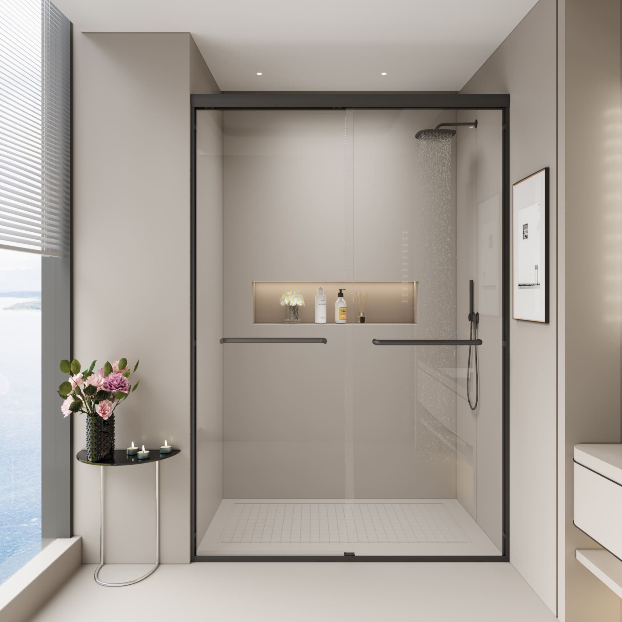 44-60 x 72 in Semi-Frameless Double Sliding Shower Door - 44-48 x 72 in / Matte Black view 1