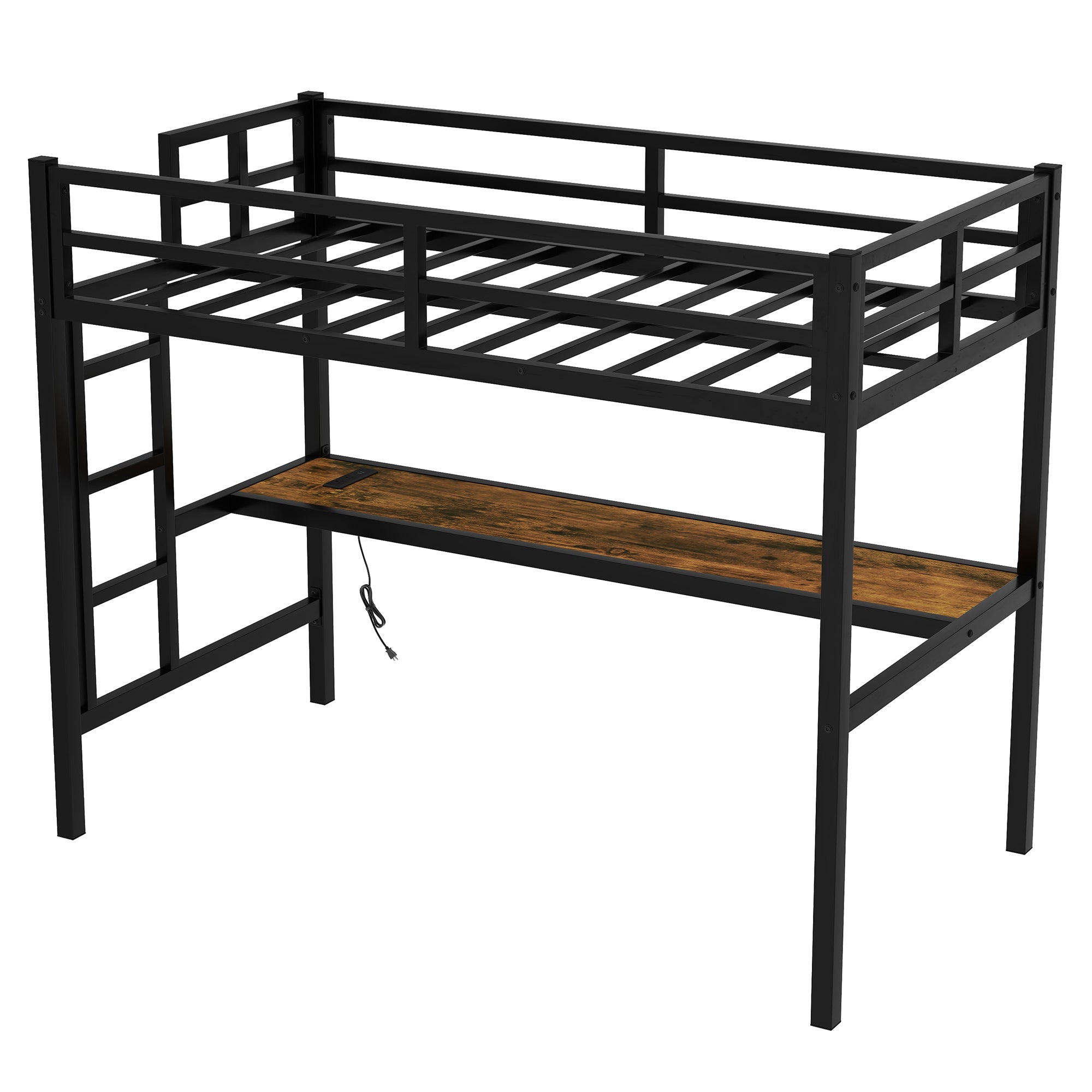 Metal Twin XL Size Loft Bed  with Power Outlet and LED Lighted, Space-Saving, Noise Reduced, Black