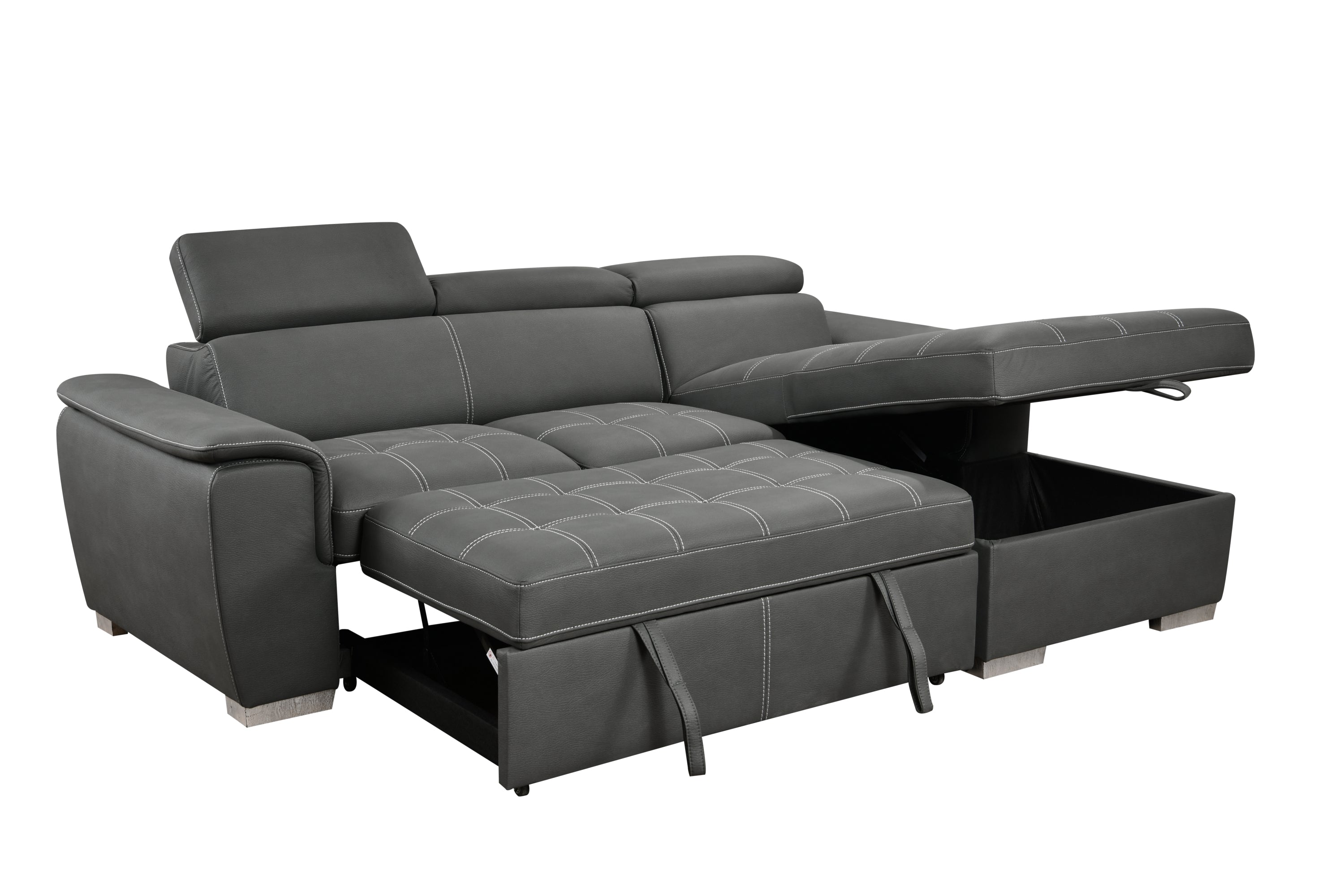 97 inch Convertible Sectional Sofa with Storage Chaise, Adjustable Headrests, Contemporary L-shaped Sleeper Corner Sectional Sofa with a Pull-Out Bed ,Gray