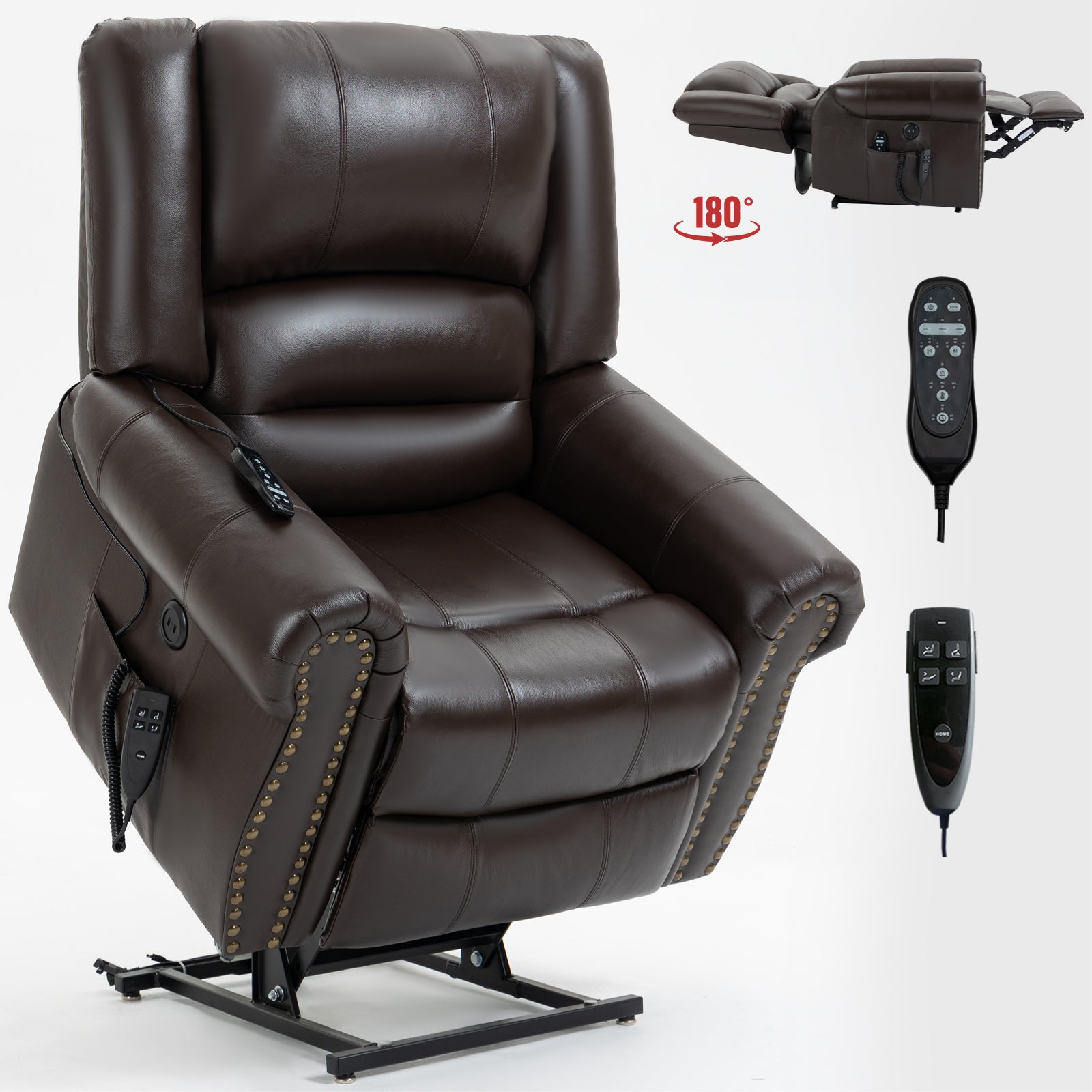 Power Lift Recliner Chair Heat Massage Dual Motor Infinite Position Up to 350 LBS, Genuine Leather, Heavy Duty Motion Mechanism with USB Ports, Brown