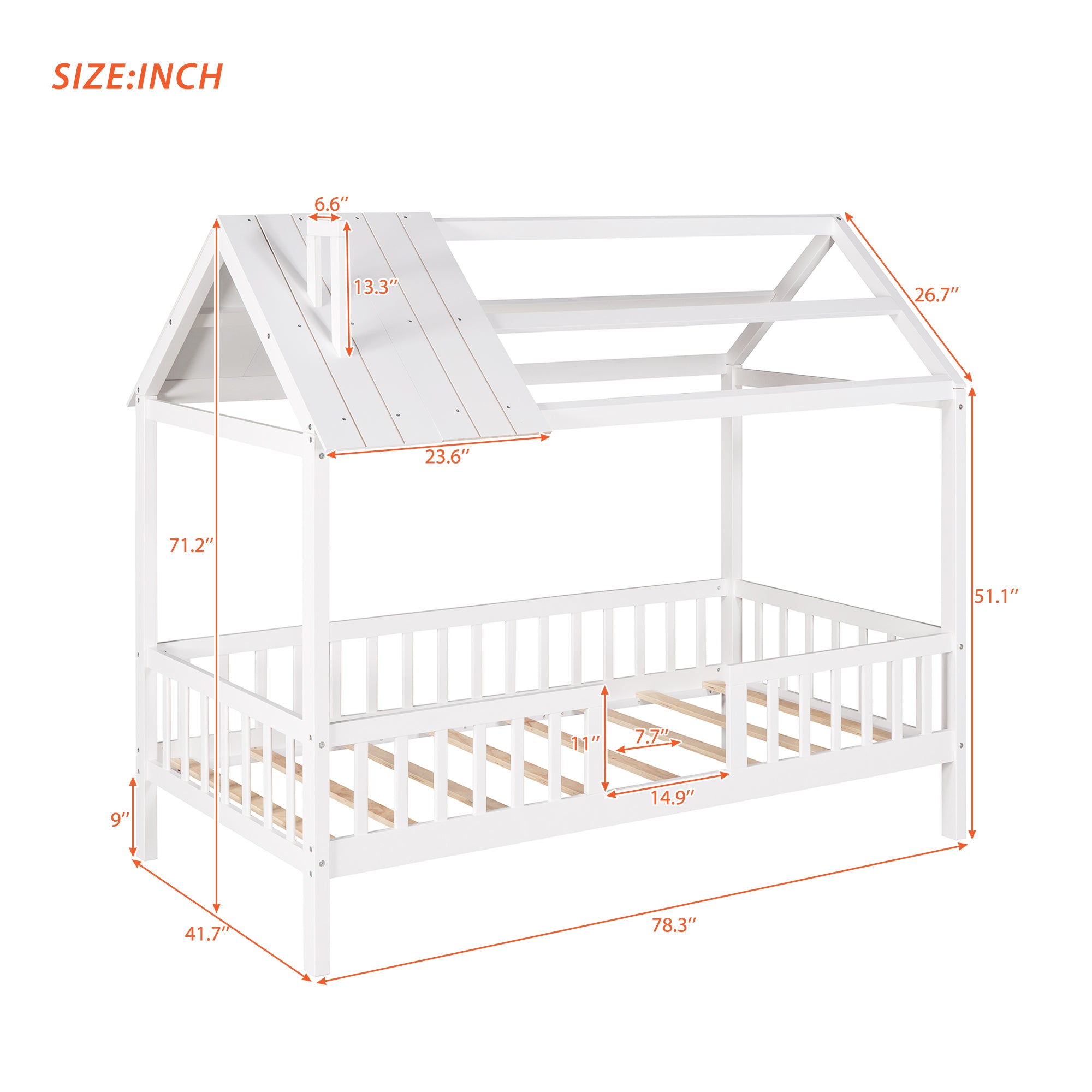 Twin Size Wood House Bed with Fence, White