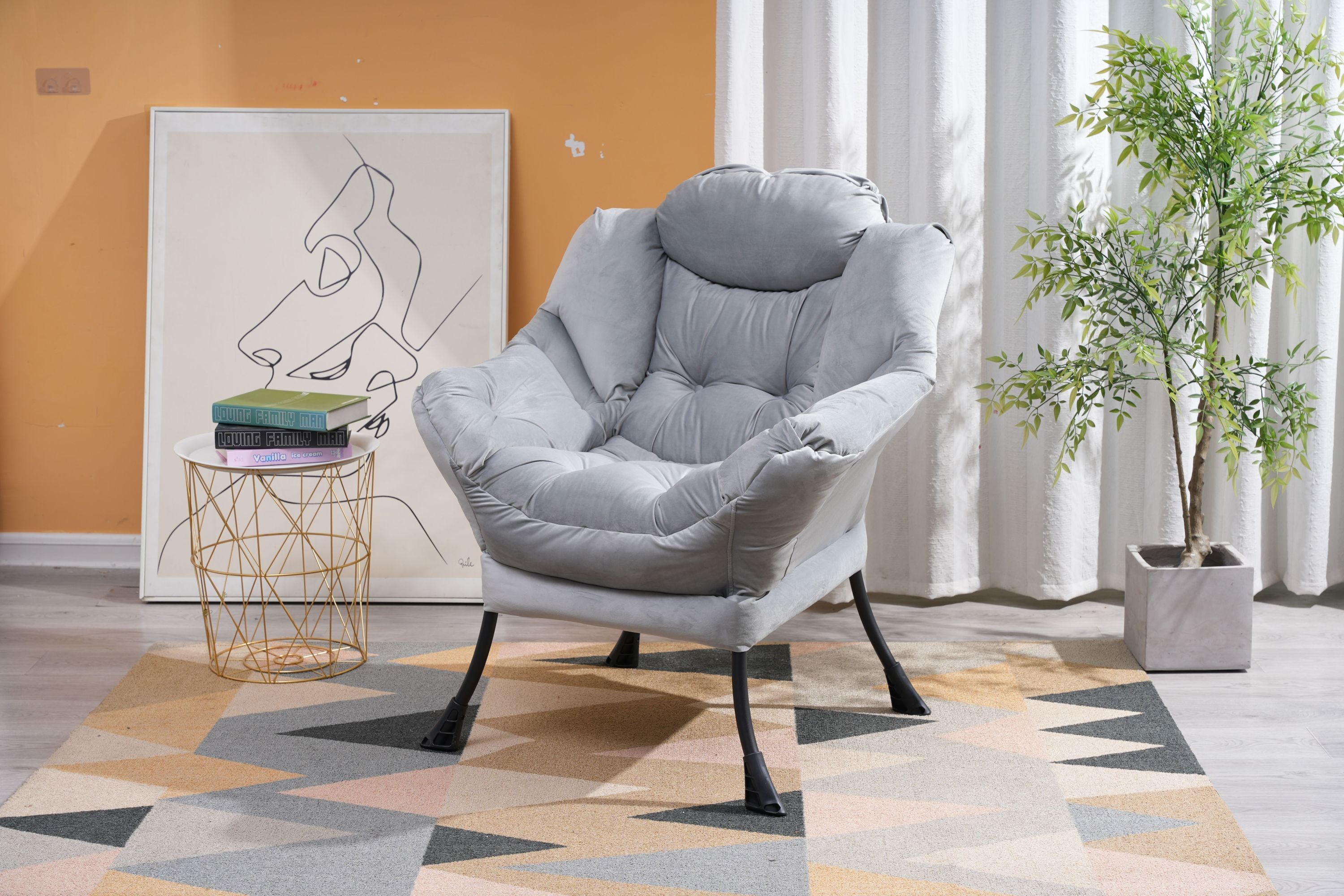 Living Room Chairs Modern Cotton Fabric Lazy Chair, Accent Contemporary Lounge Chair, Single Steel Frame Leisure Sofa Chair with Armrests and A Side Pocket (Light Gray02)