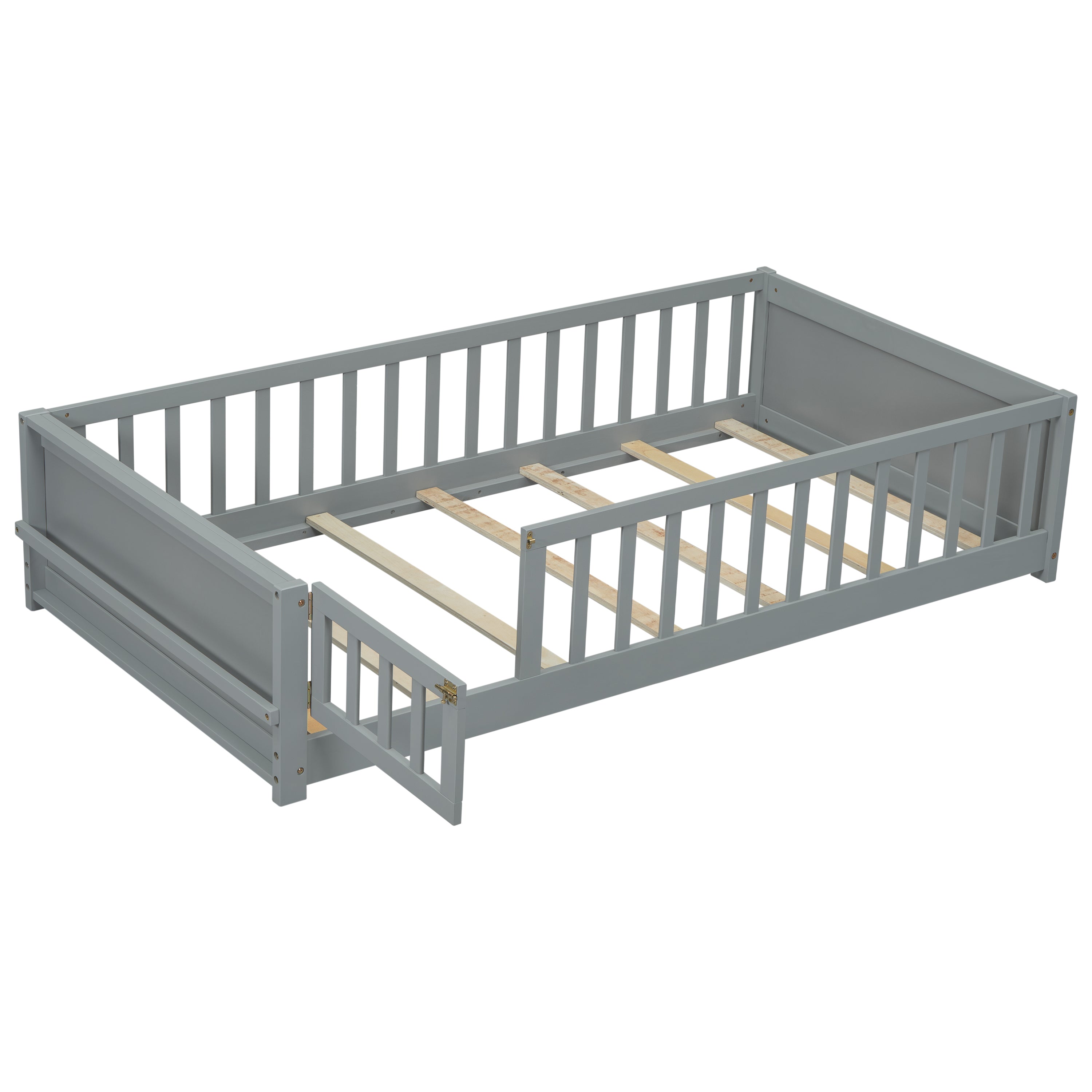 Twin size Floor Platform Bed with Built-in Book Storage Rack, Door,Grey