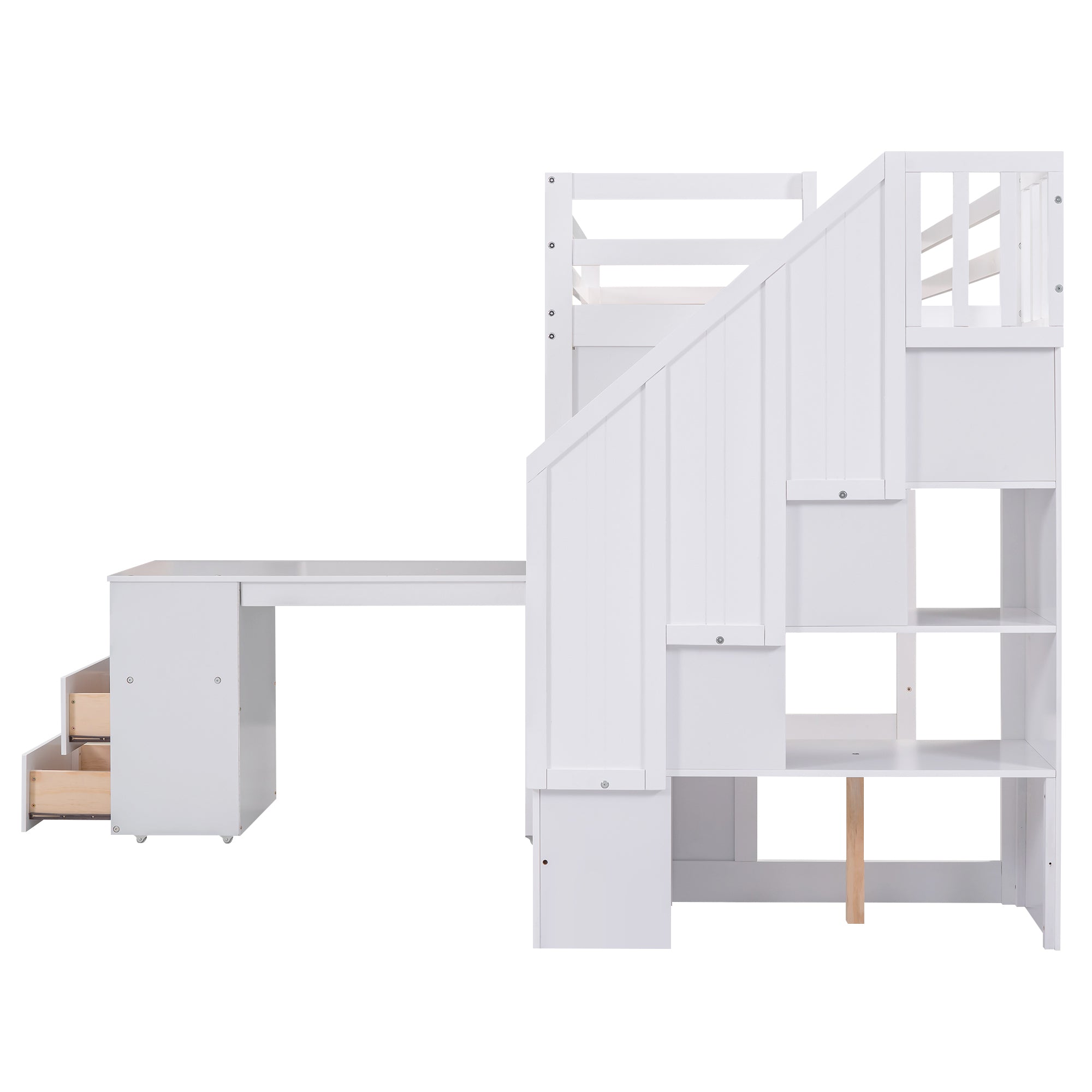 Twin Size Loft Bed with Pullable Desk and Storage Shelves,Staircase and Blackboard,White