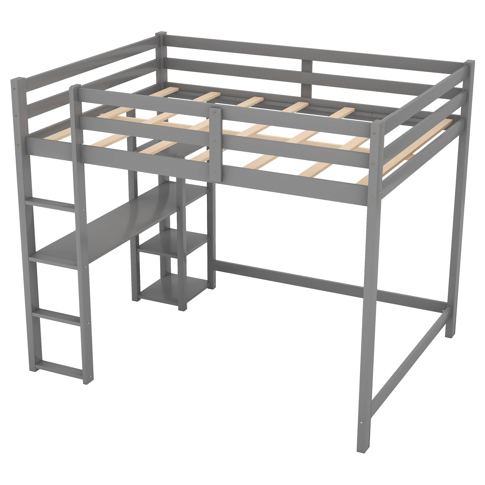 Full Size Loft Bed with Built-in Desk and Shelves,Gray