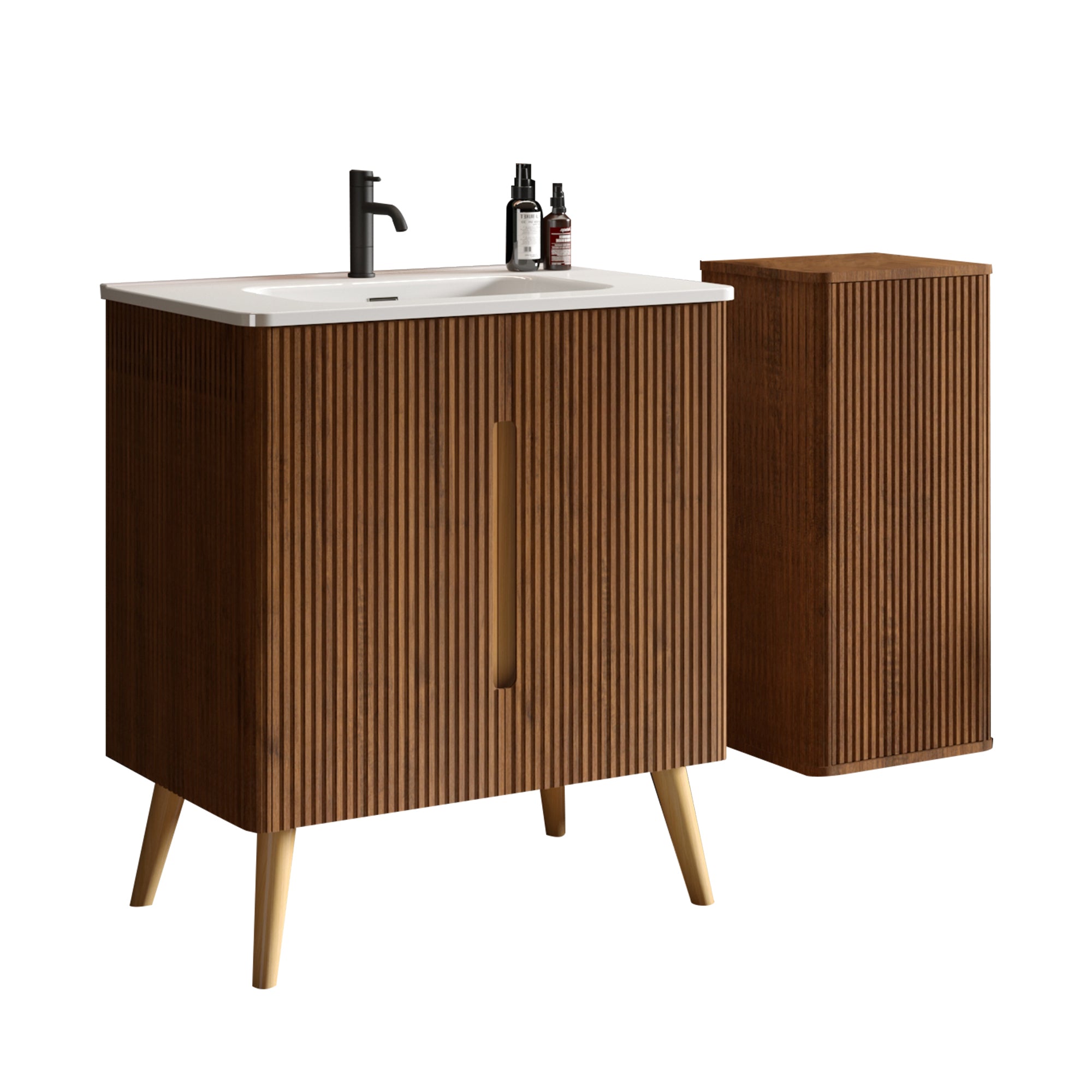 Etna 30" Striped Walnut Bathroom Vanity with Sink & Side Cabinet, Freestanding Vanity & Floating Storage Cabinet Combo for Modern Bathroom, KD