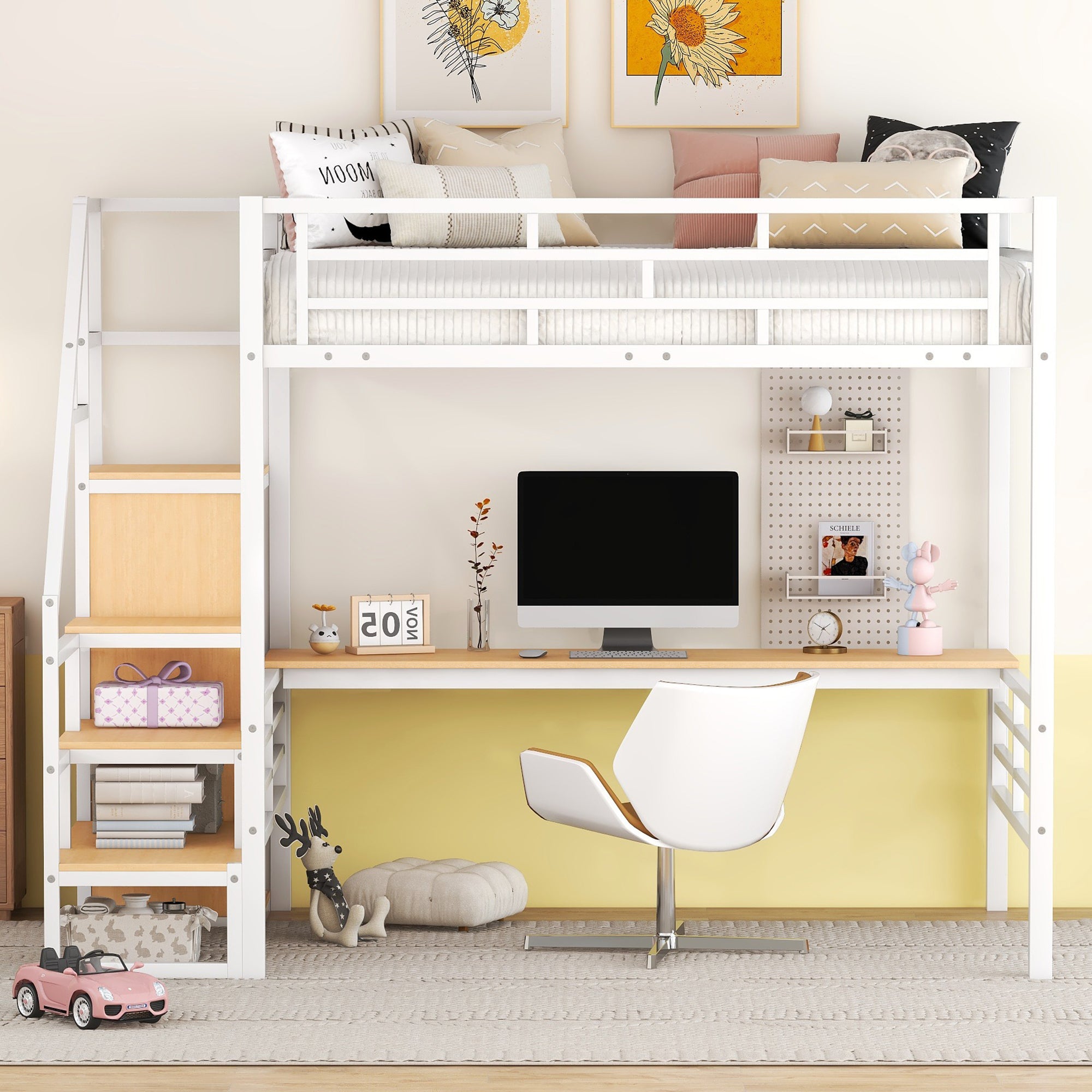 Full Size Metal Loft Bed with Desk, Storage Staircase and Small Wardrobe, Storage stairs can be installed left and right, White