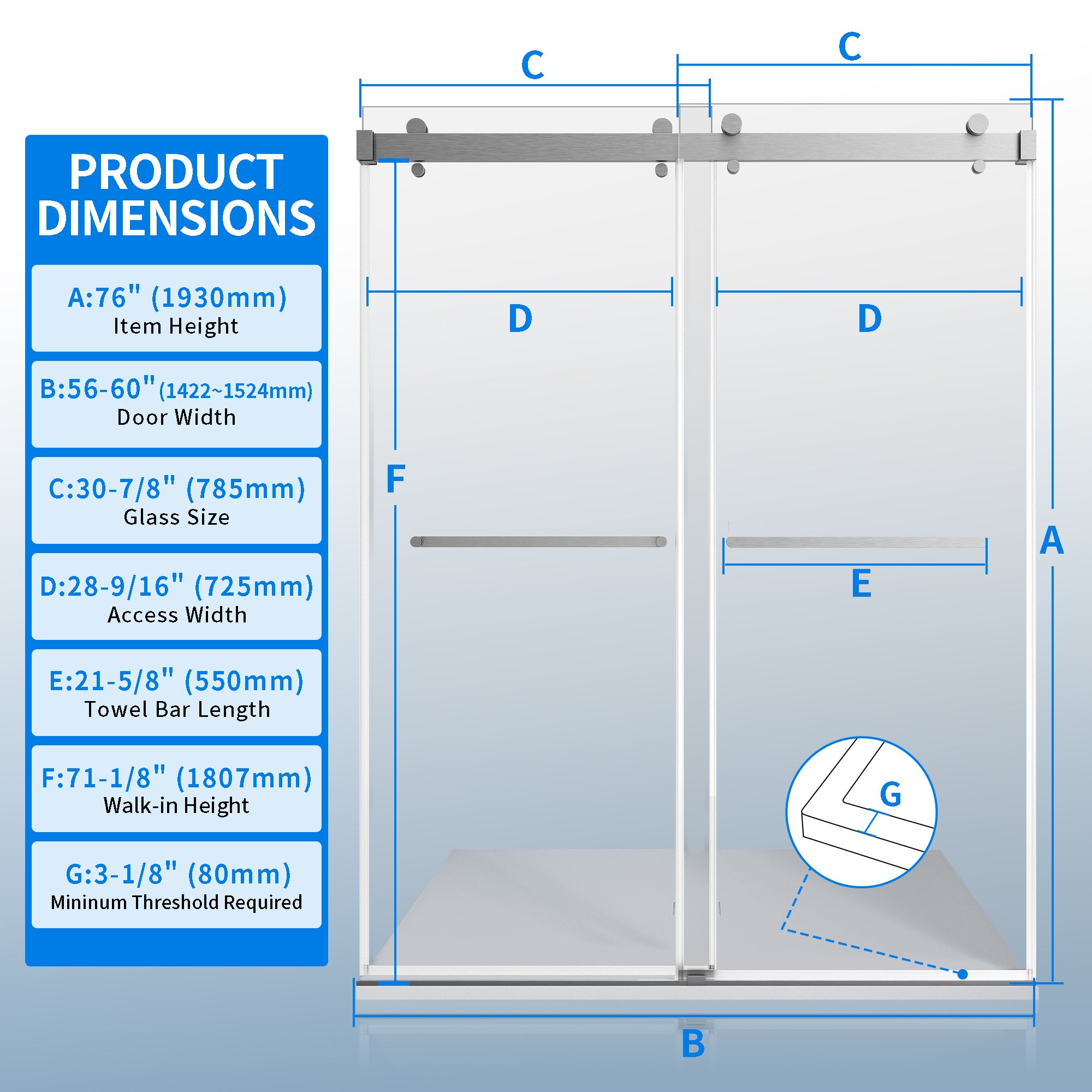 56-60"Wh × 76"H Double Sliding Frameless Shower Door With 3/8 inches (10mm) Clear Tempered Glass, Brushed Nickel Finish