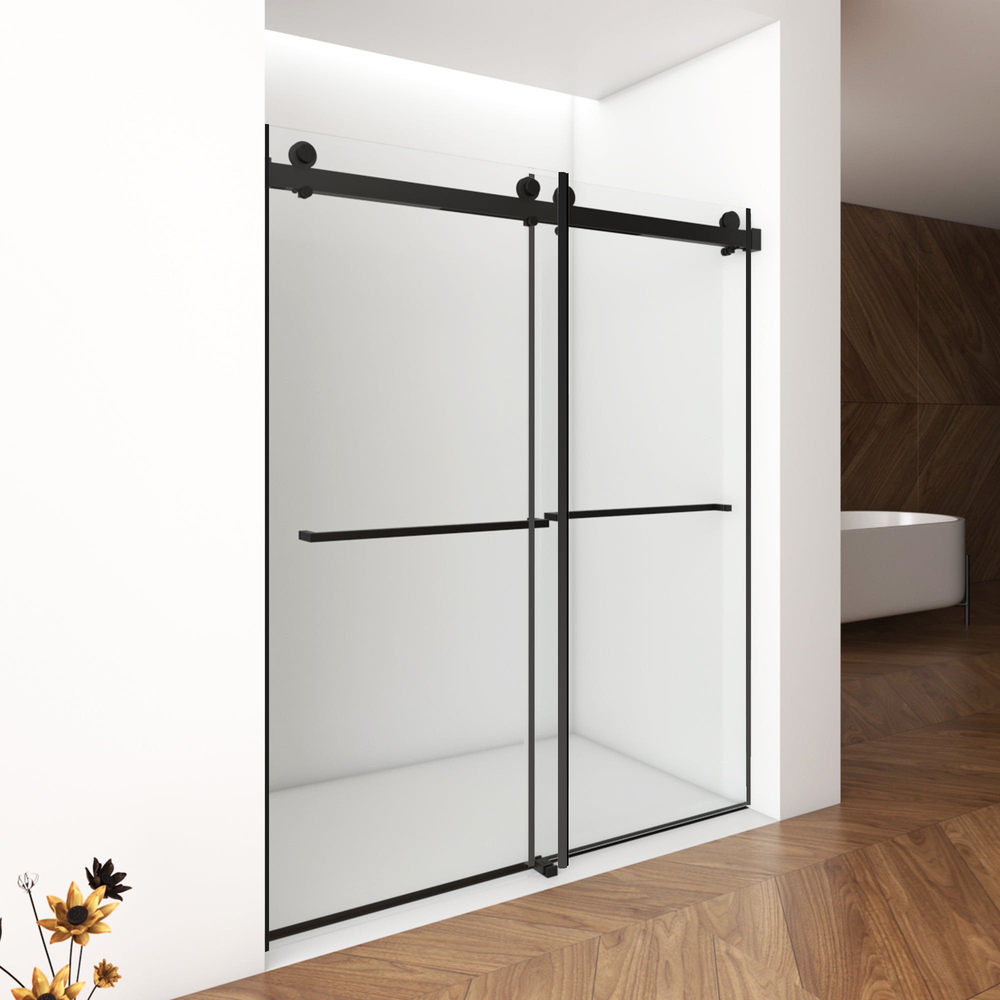 56"-60"W x 76"H Frameless Shower Door, Double Sliding Shower Door, 3/8'' (10mm) Clear Tempered Glass Shower Enclosure with Square Rail,Double Side Easy Clean Coat,Matte Black Finished With Buffer