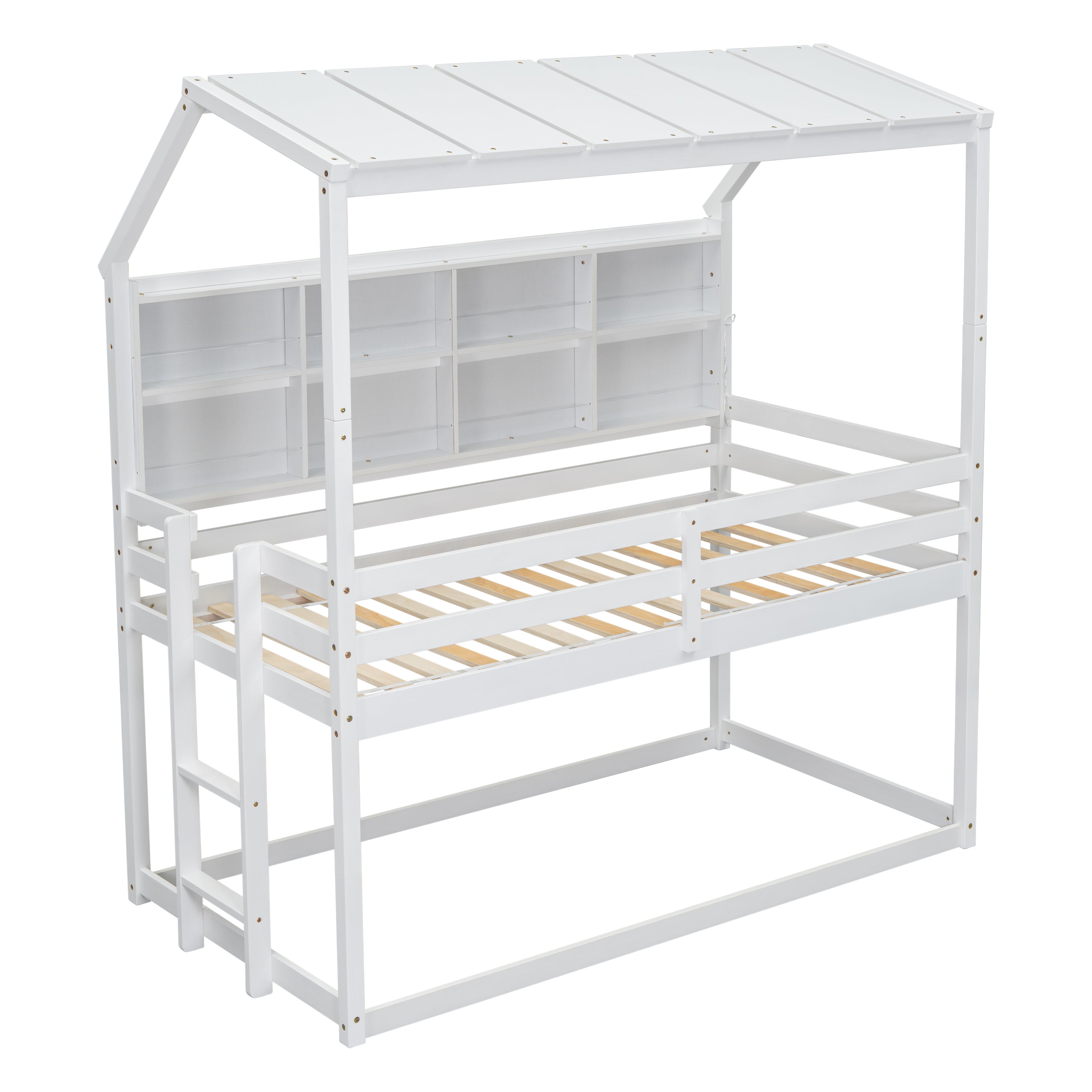 Twin Over Twin Low Bunk Bed with House Semi-enclosed Roof,Guardrails, Bedside Shelves and Ladder, White