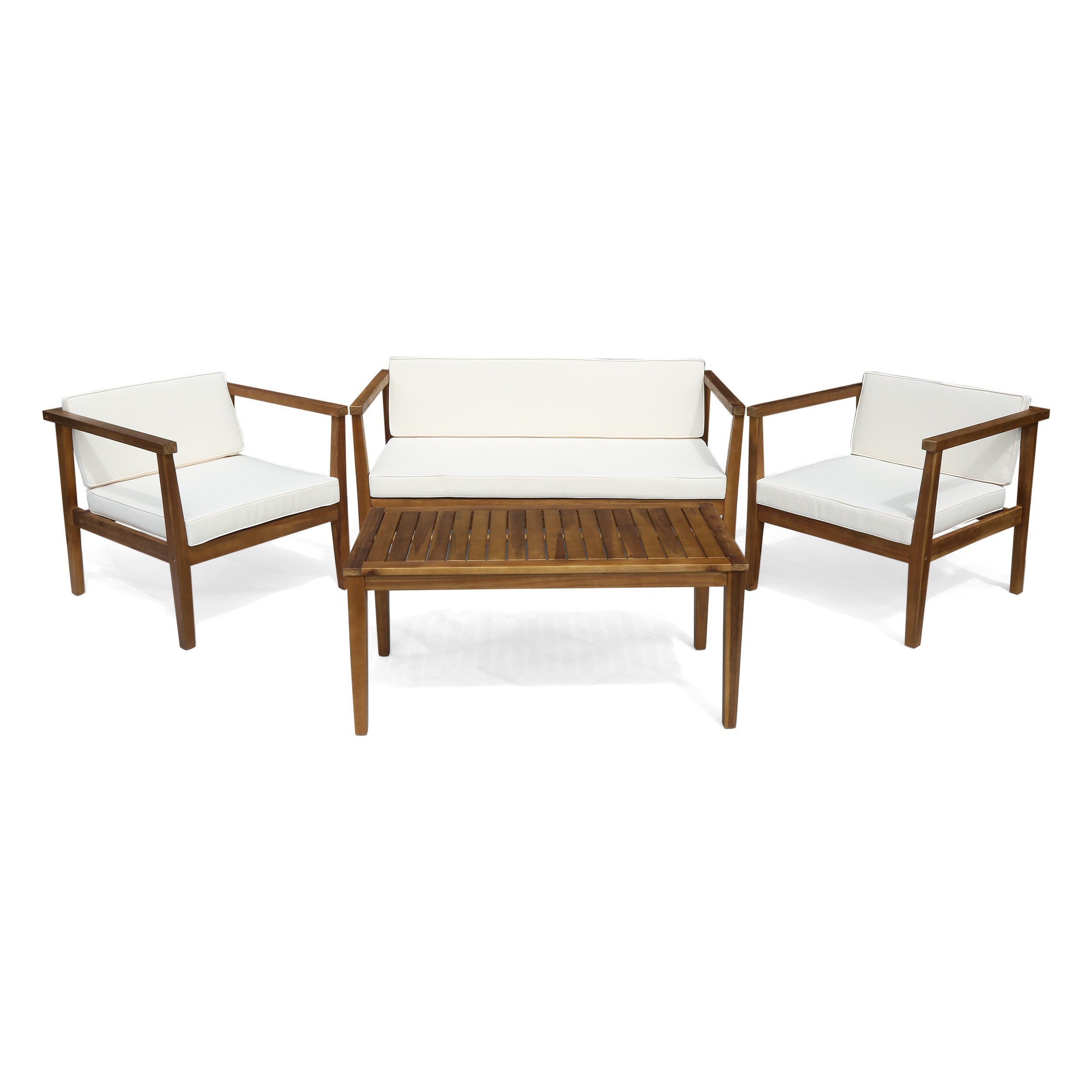 Outdoor 4-Seater Acacia Wood Chat Set with Coffee Table with Cushions, Teak and Beige