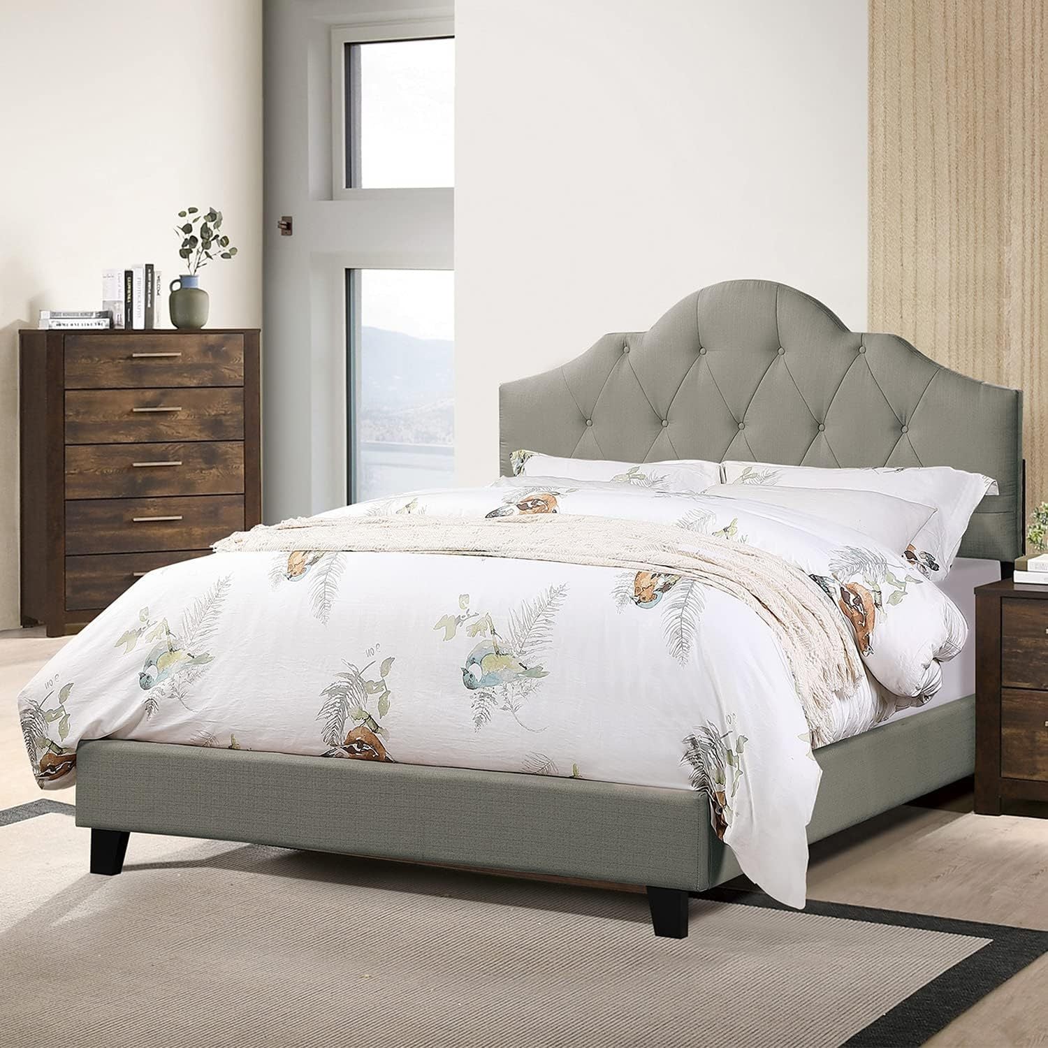 Majestic Arch 1pc Queen Size Bed Adjustable HB Grey Polyfiber Tufted Upholstered Wooden Bedframe Bedroom Furniture