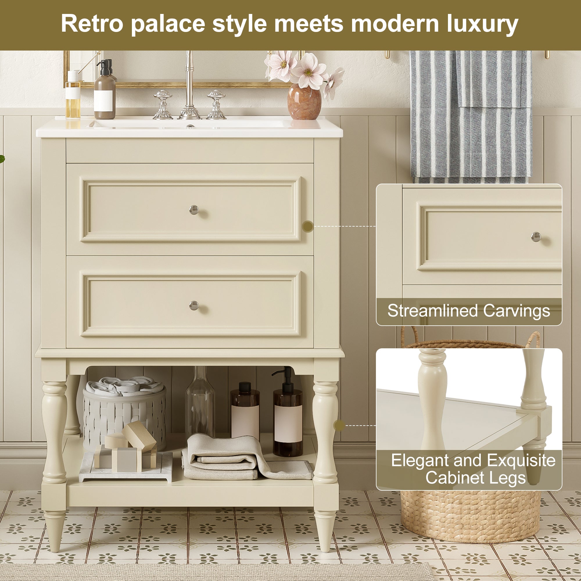 24 inch retro bathroom vanity with ceramic sink in bathroom setting