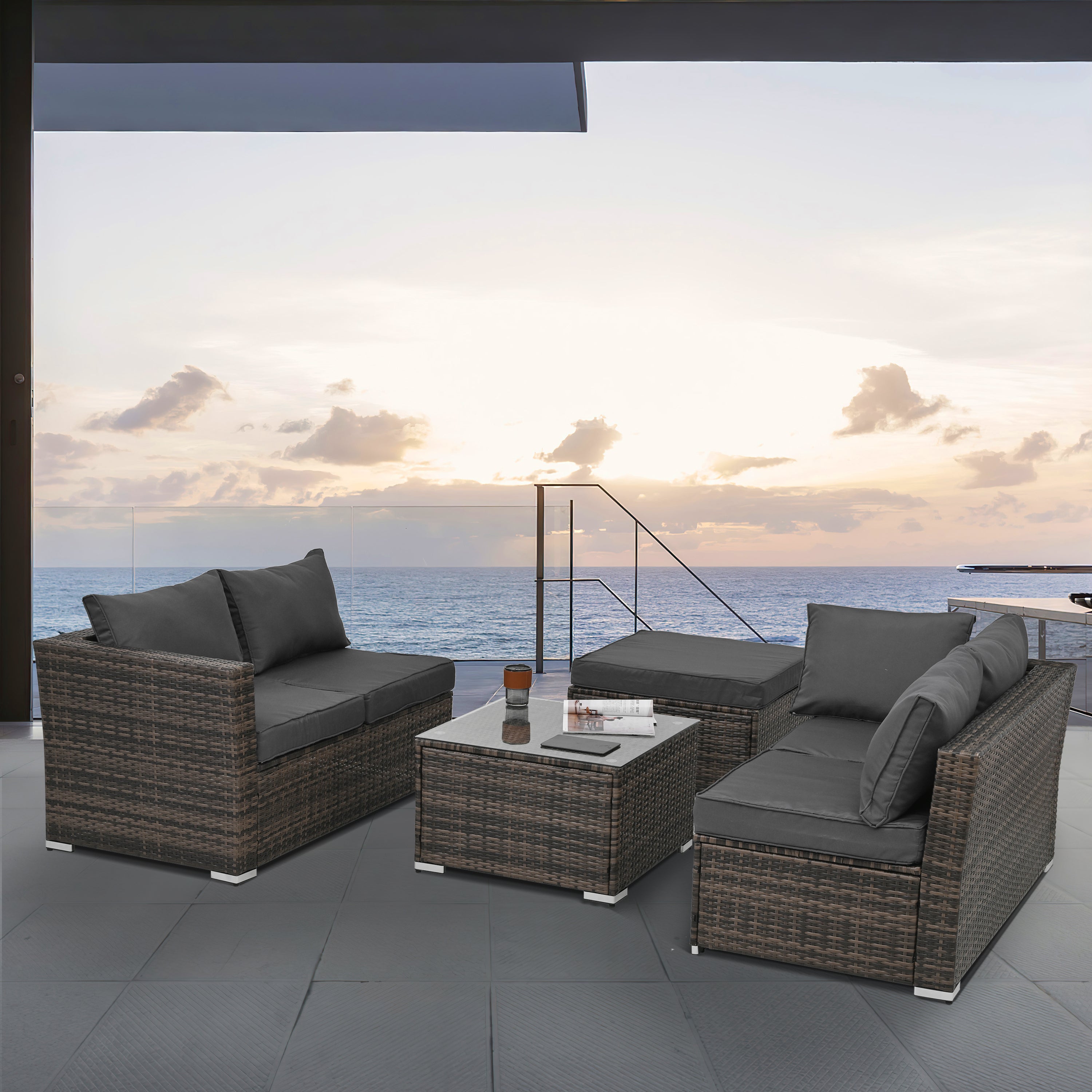 Patio Furniture, Outdoor Furniture, Seasonal PE Wicker Furniture, 4 Set Wicker Furniture With Tempered Glass Coffee Table