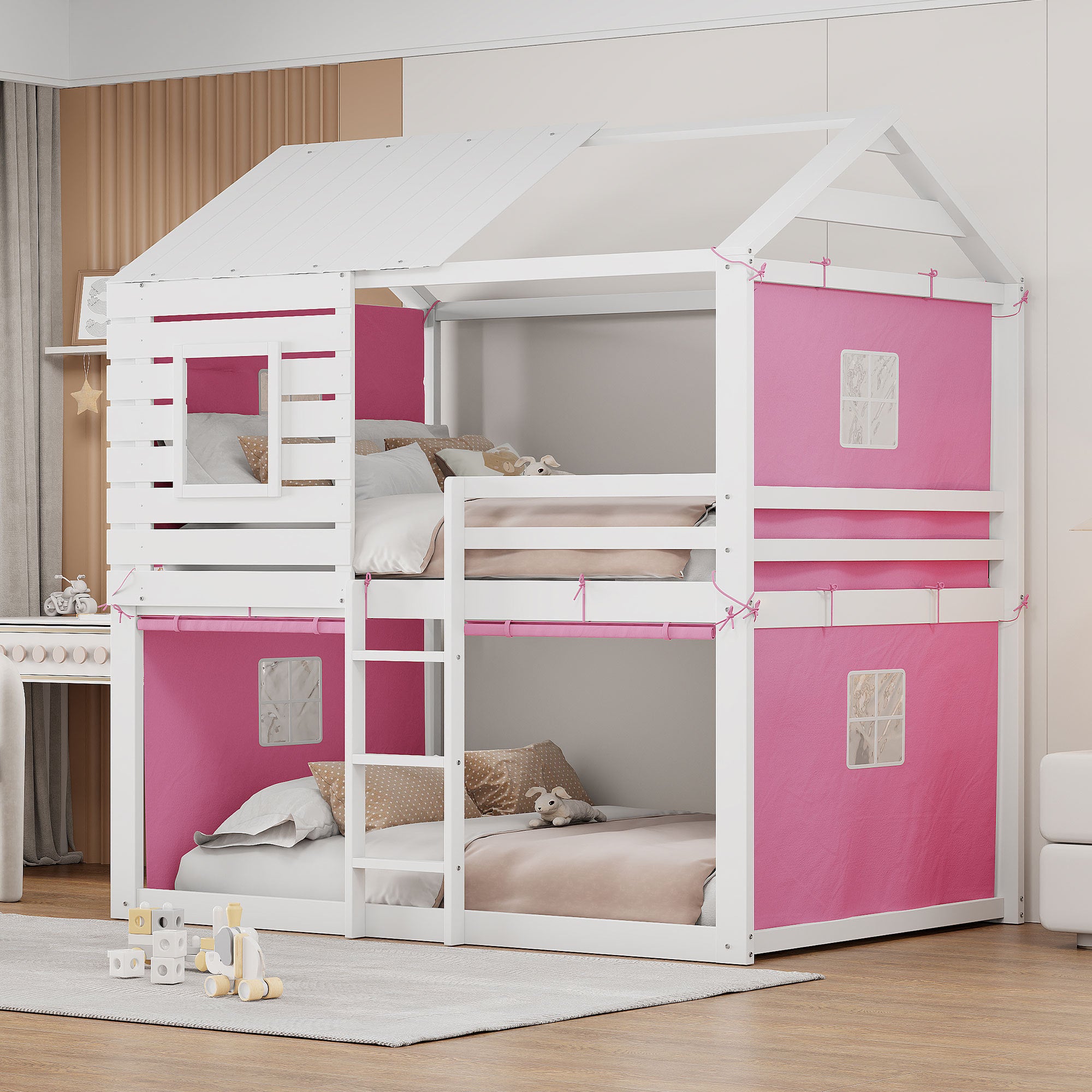 Full Size Bunk Wood House Bed with Tent, Pink+White