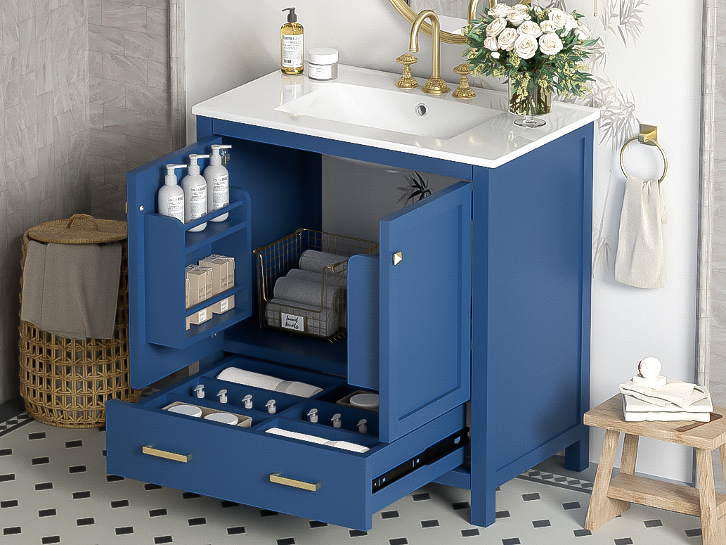 30" Blue Bathroom Vanity with Single Sink, Combo Cabinet Undermount Sink, Bathroom Storage Cabinet with 2 Doors and a Drawer, Soft Closing, Multifunctional Storage, Solid Wood Frame