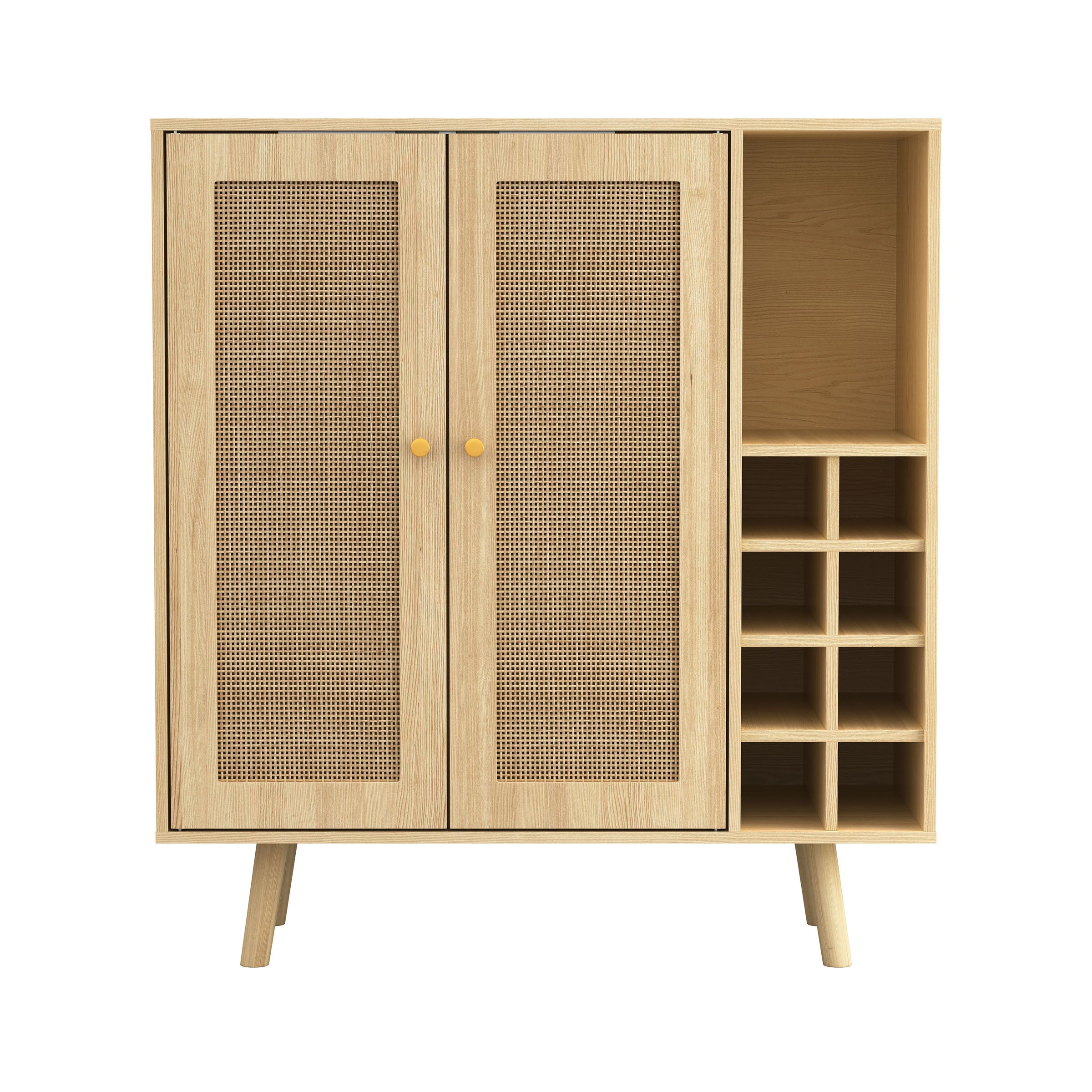 Bohemian Bar Cabinet, Natural Rattan Doors, Removable Wine Rack in Natural Wood