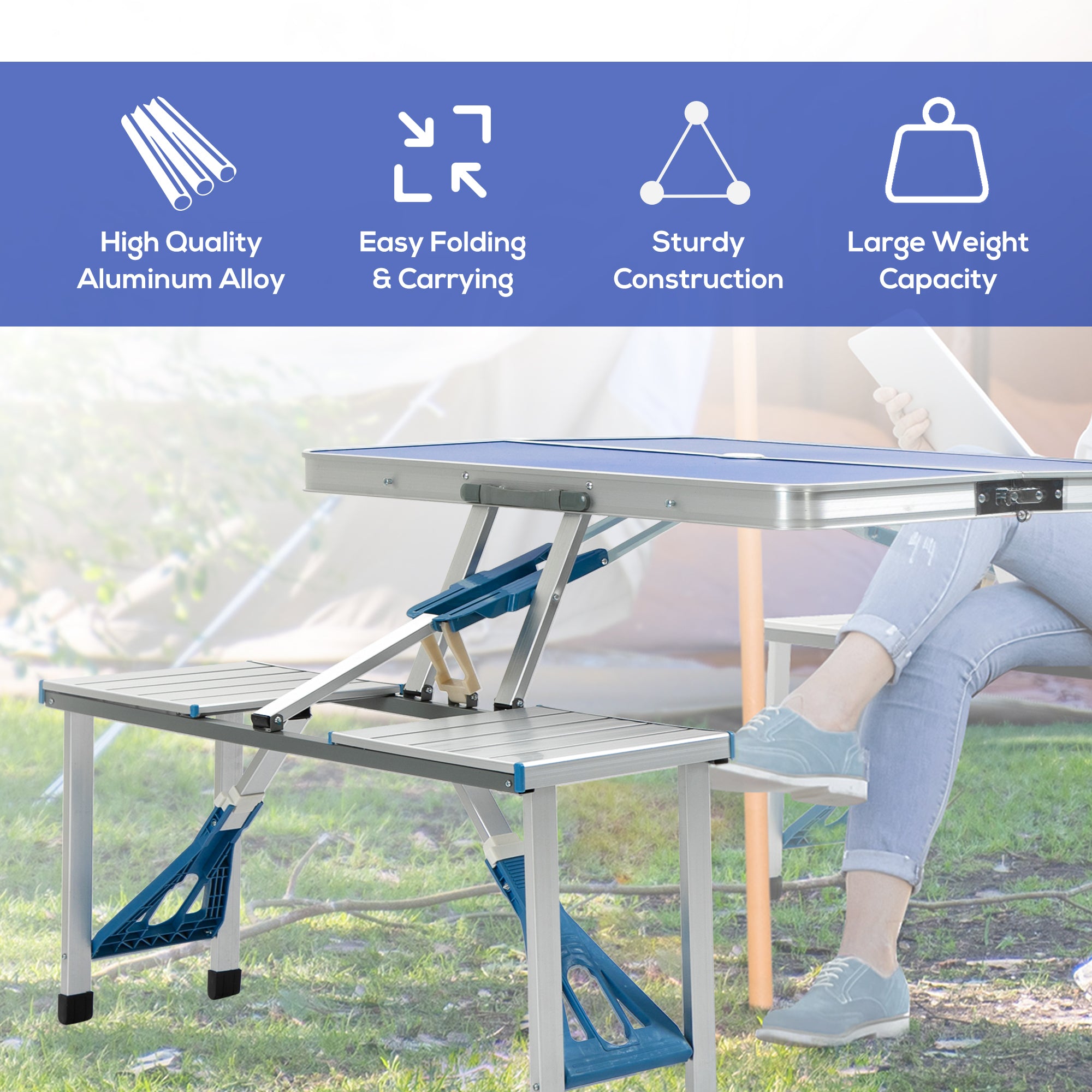 Outsunny Folding Picnic Table with Umbrella Hole, Aluminum Suitcase Portable Outdoor Table with Bench, Patio, Porch or Camping Table and Chair Set, Ocean Blue