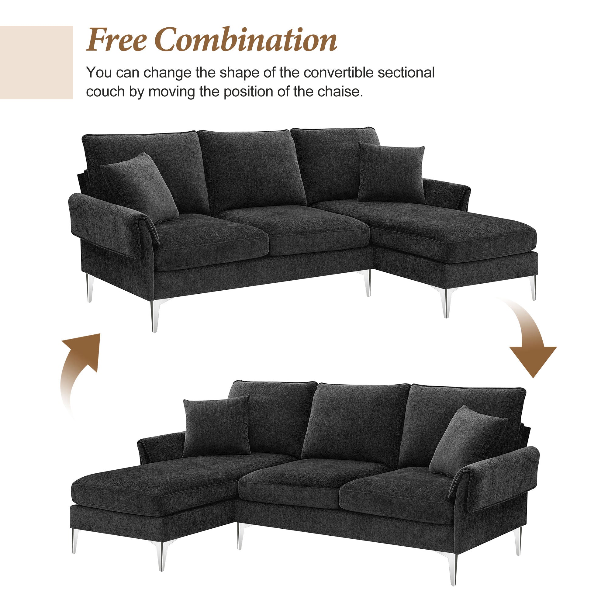 [VIDEO provided][New]84 "Modern Chenille L-Shaped Sofa with Reversible Lounge,Convertible Sectional Couch Set,4 Seat Indoor Furniture with Reversible Chaise,Fit for Living Room, Apartment(2 Pillows)