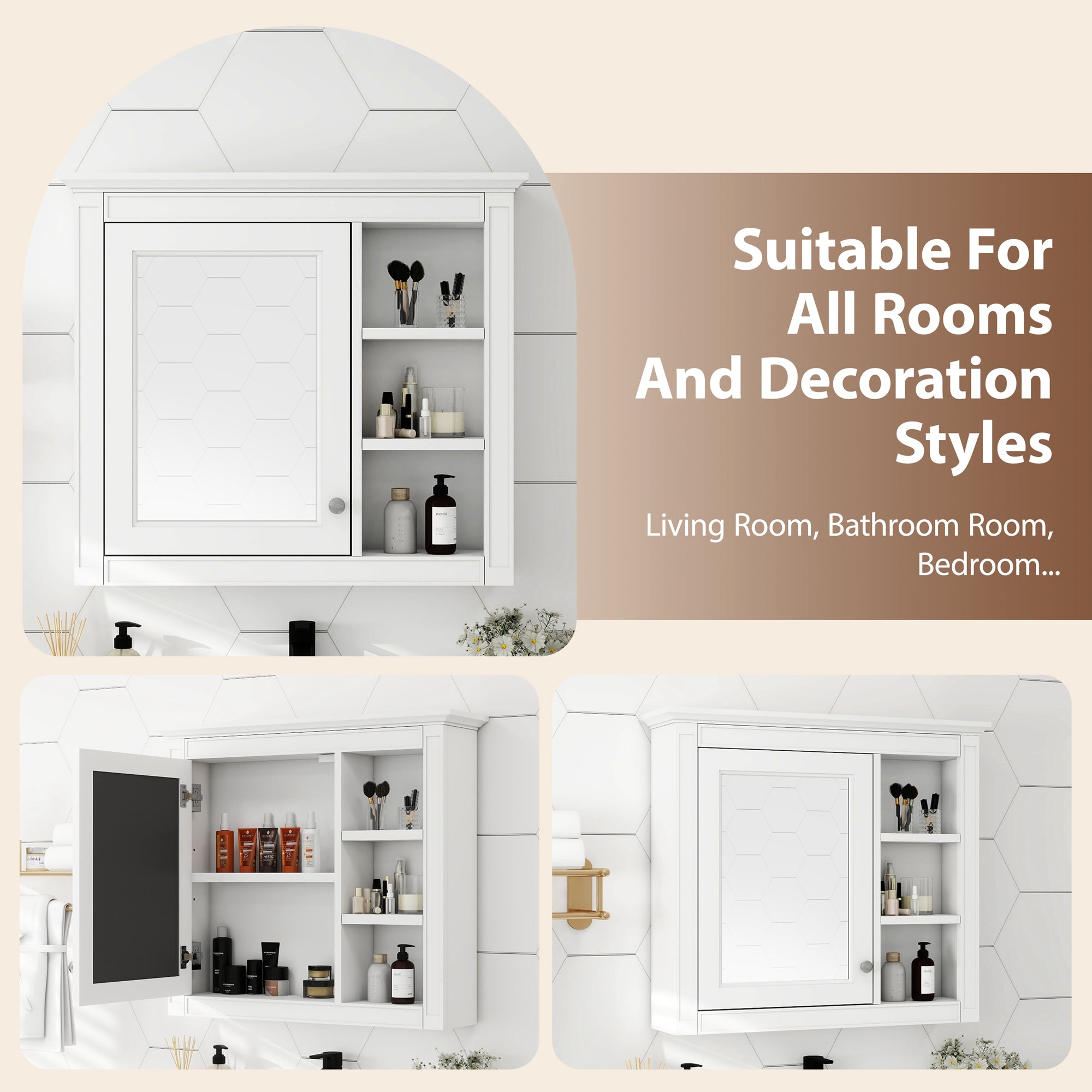 Wall-mounted bathroom medicine cabinet with mirror, interior storage view