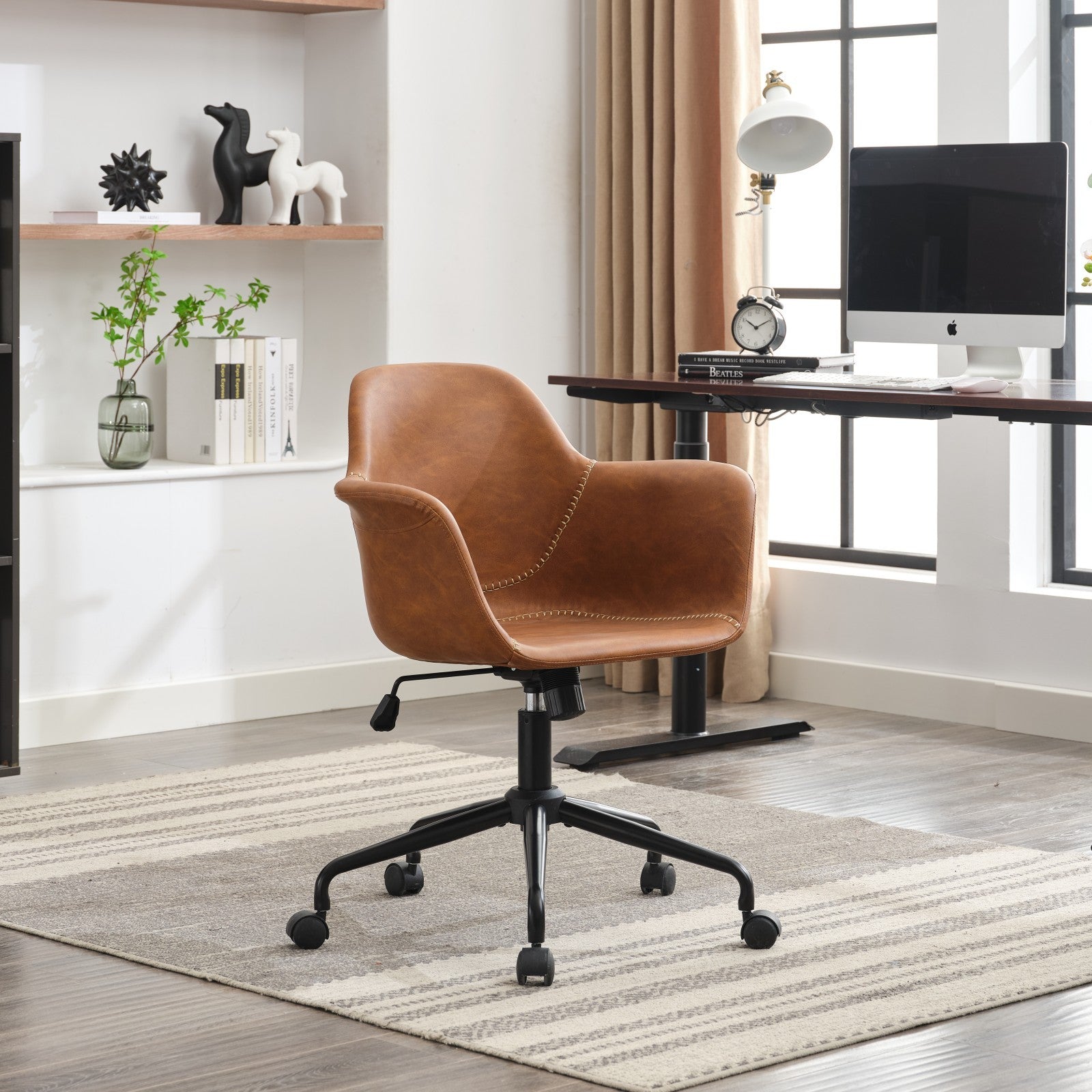 Mid-Century Modern Office Chair,Rolling Swivel Height Adjustable Ergonomic Chair with Frame/Arms ,Back Support Home Desk Chair for Living Room,Studying (Brown)