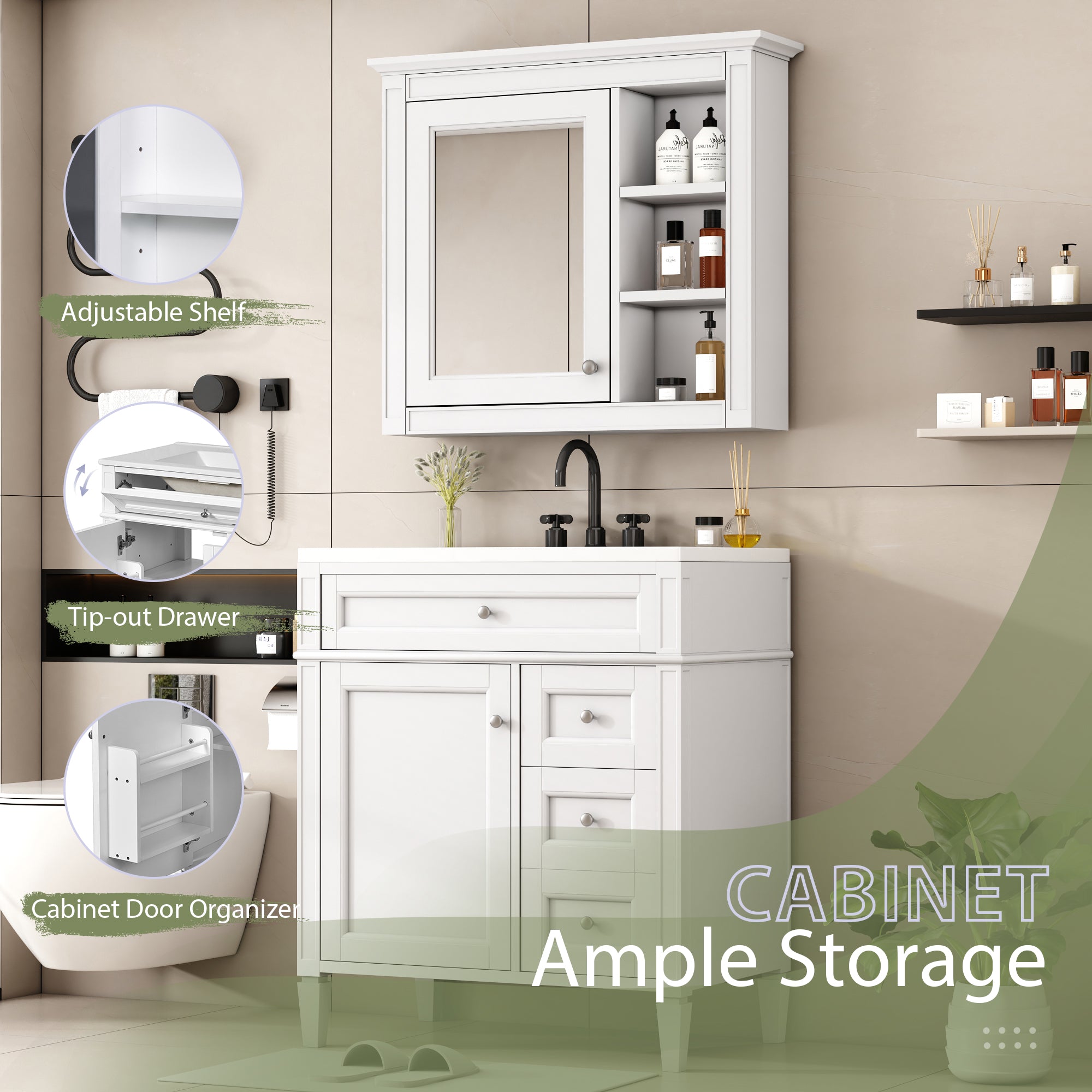 30 inch single sink bathroom vanity, side profile view