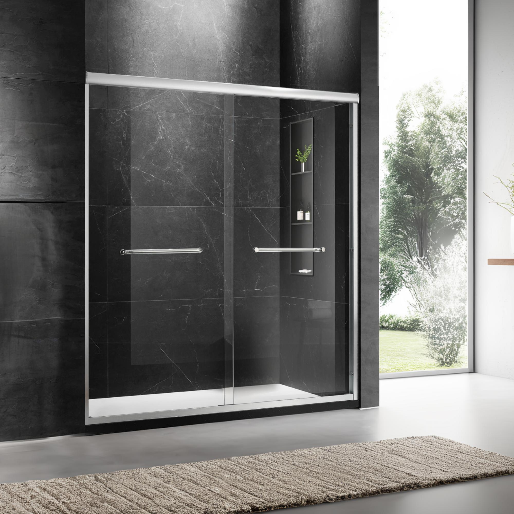 Frameless sliding shower door 60 in. by 74 in. brushed nickel front view