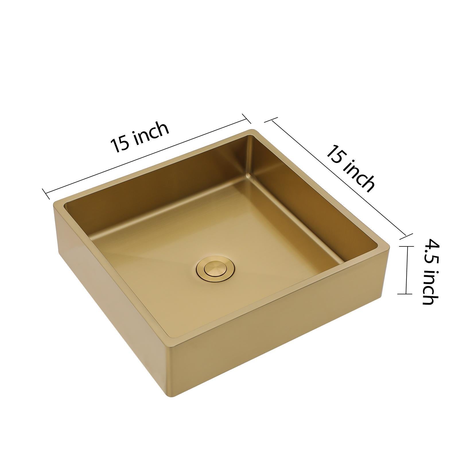 15"x15" Gold Stainless Steel Bathroom Sink with Pop Up Drain