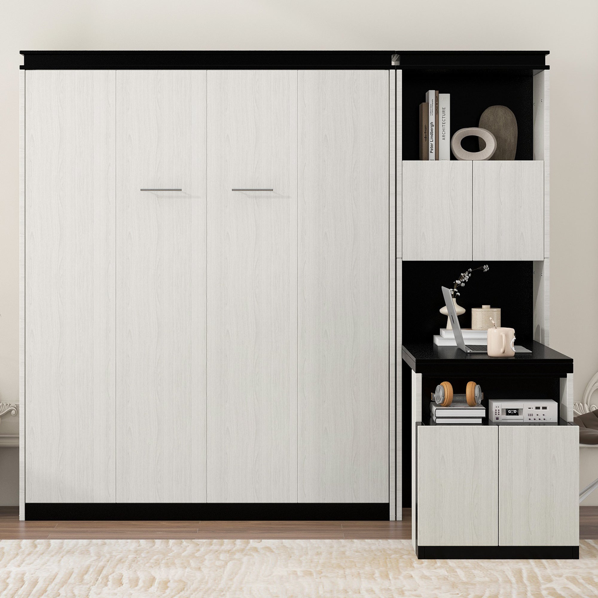 Full Size Murphy Bed with Desk and Storage Shelves and  Cabinets, Black+White