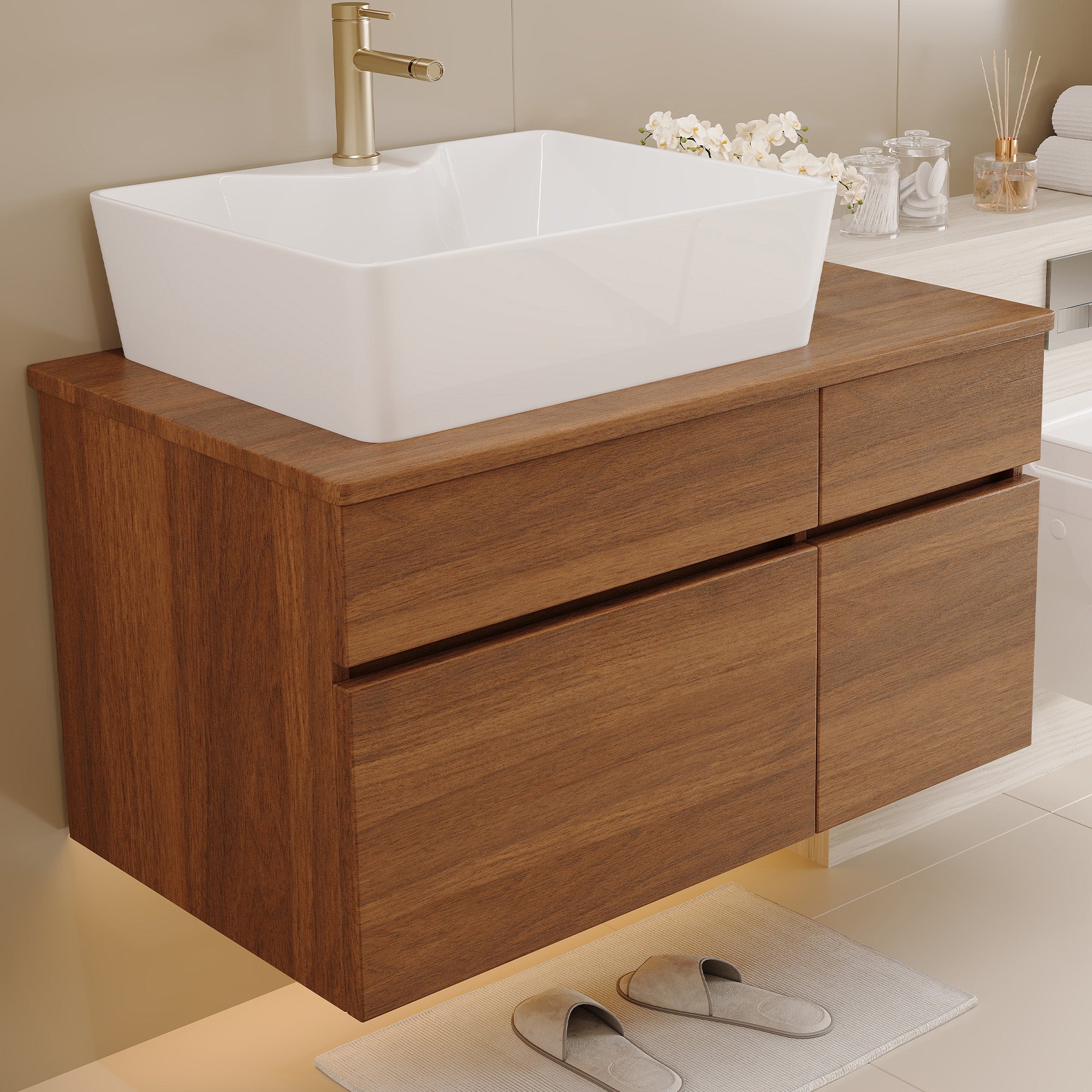 Wall-mounted single bathroom vanity, cabinet storage detail